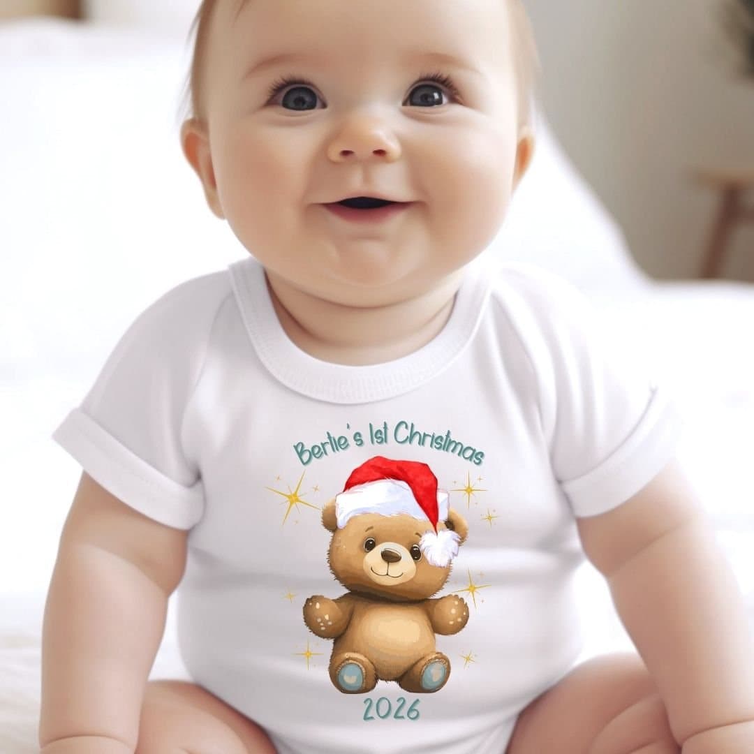 Personalised baby gift box with a teddy bear and baby vest in a white box