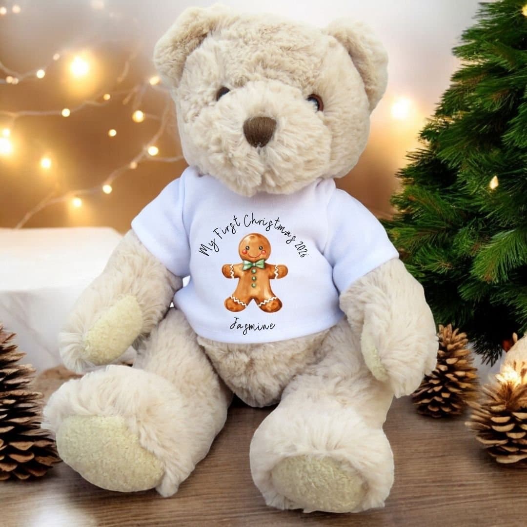 Personalised teddy bear wearing a T-shirt with a Gingerbread Man design