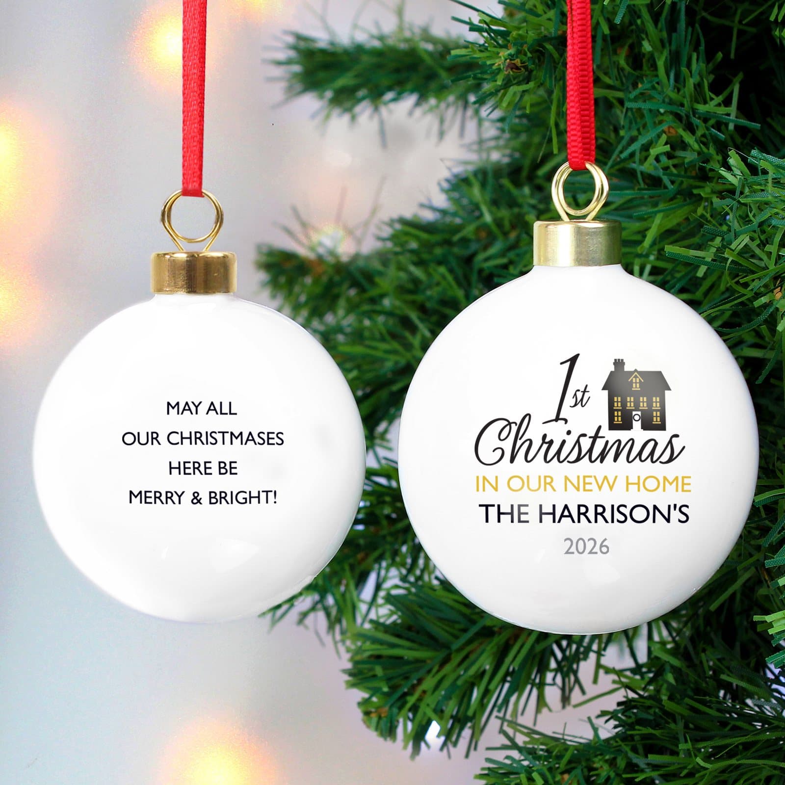 1st Christmas in our new home bauble with ribbon and personalised text