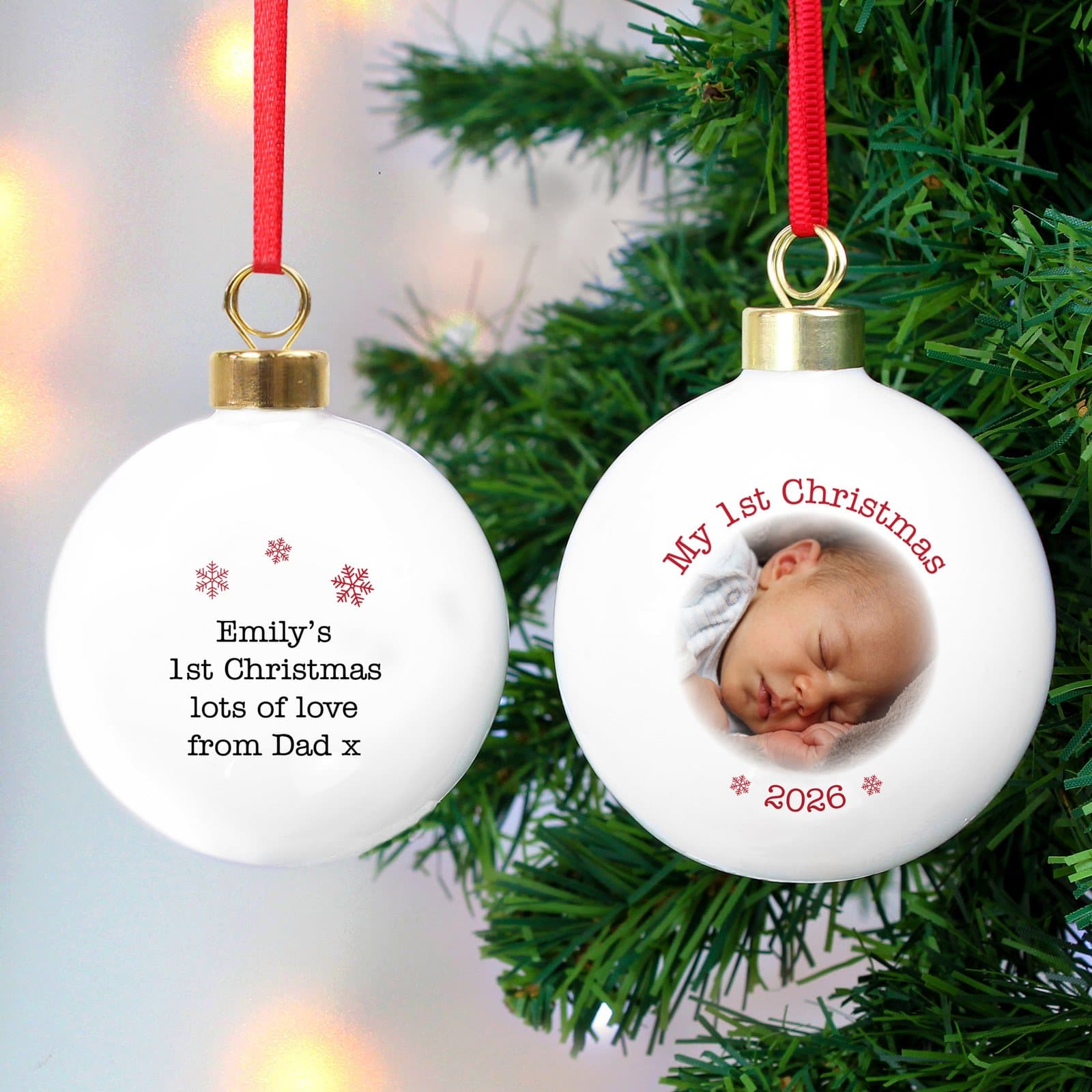 1st Christmas photo bauble with a ribbon for hanging on the tree