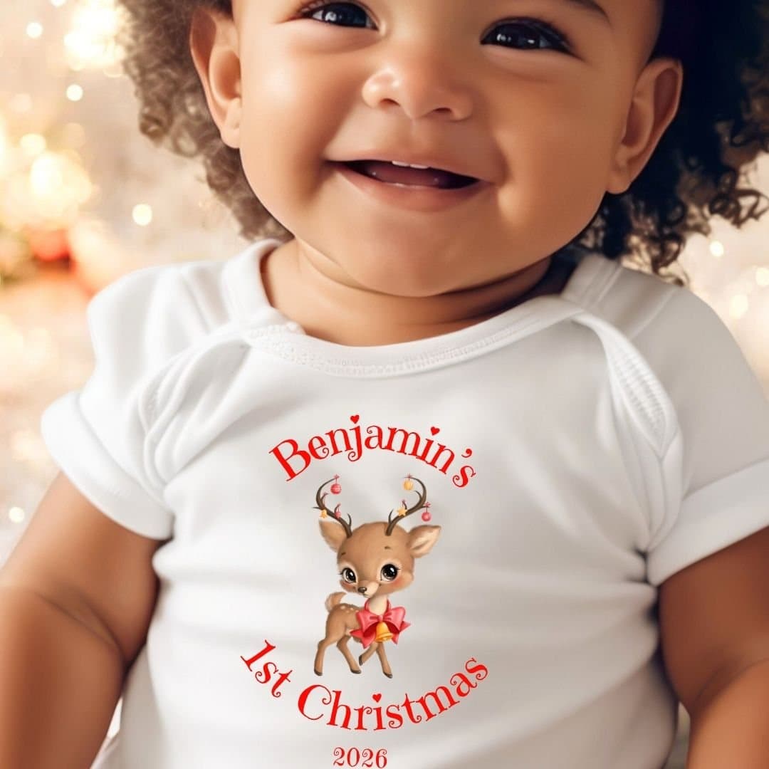 Personalised 1st Christmas reindeer baby outfit with a festive reindeer design
