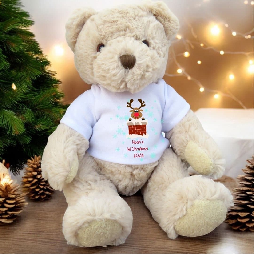 Personalised Rudolph 1st Christmas teddy bear with a printed name on its T-shirt