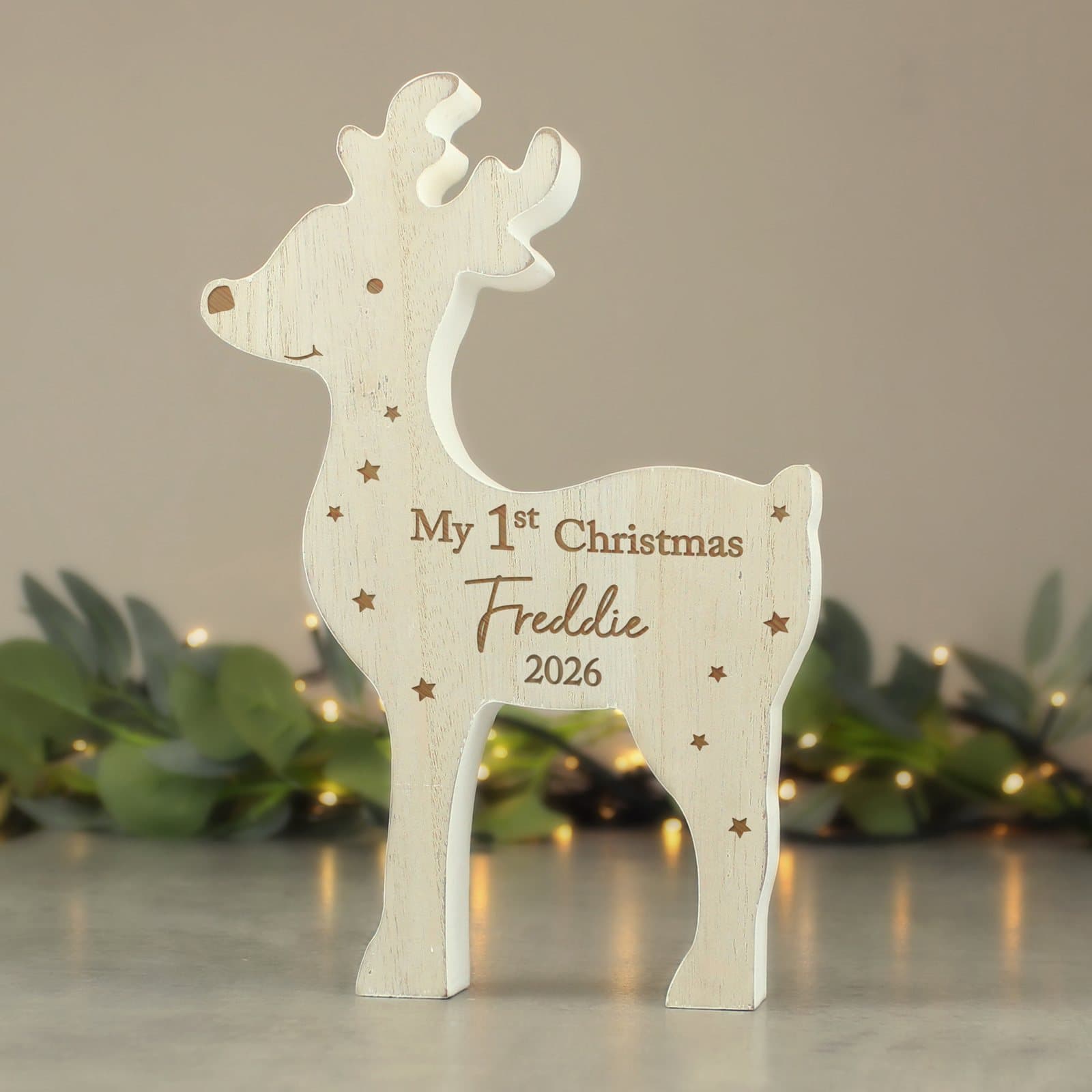 Rustic wooden reindeer decoration personalised for baby's 1st Christmas