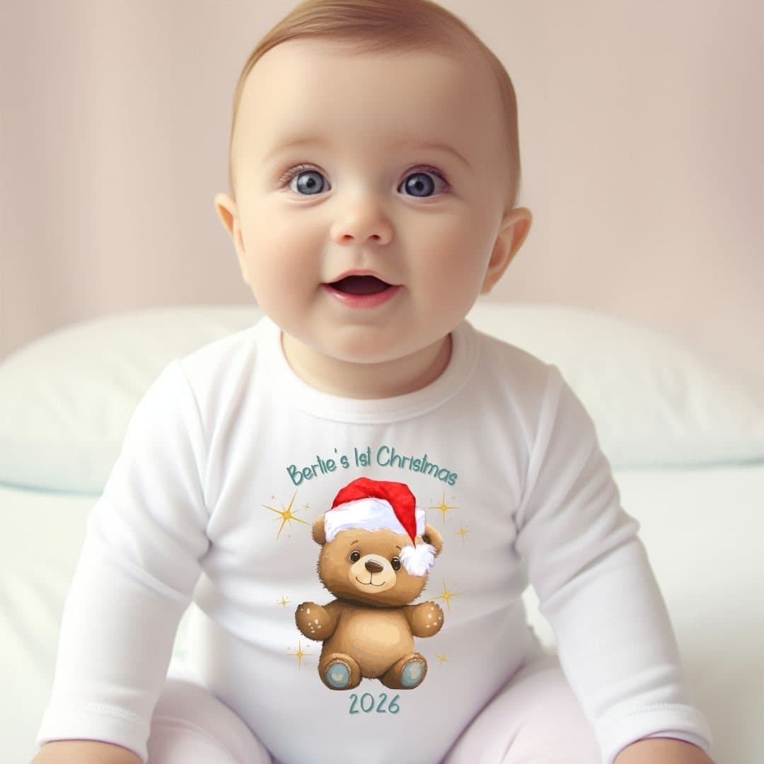 Personalised first Christmas teddy design on a baby vest, babygrow or bib