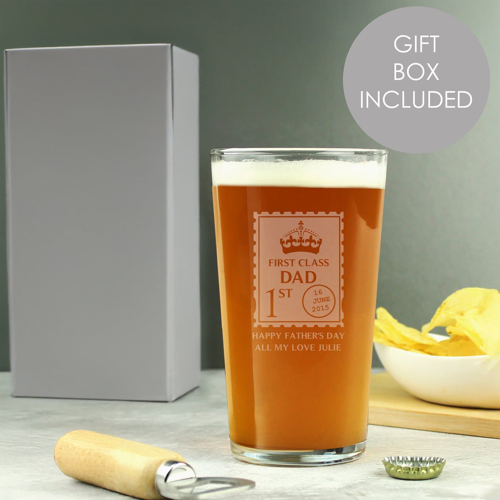 Personalised 1st Class pint glass with a stamp for the date