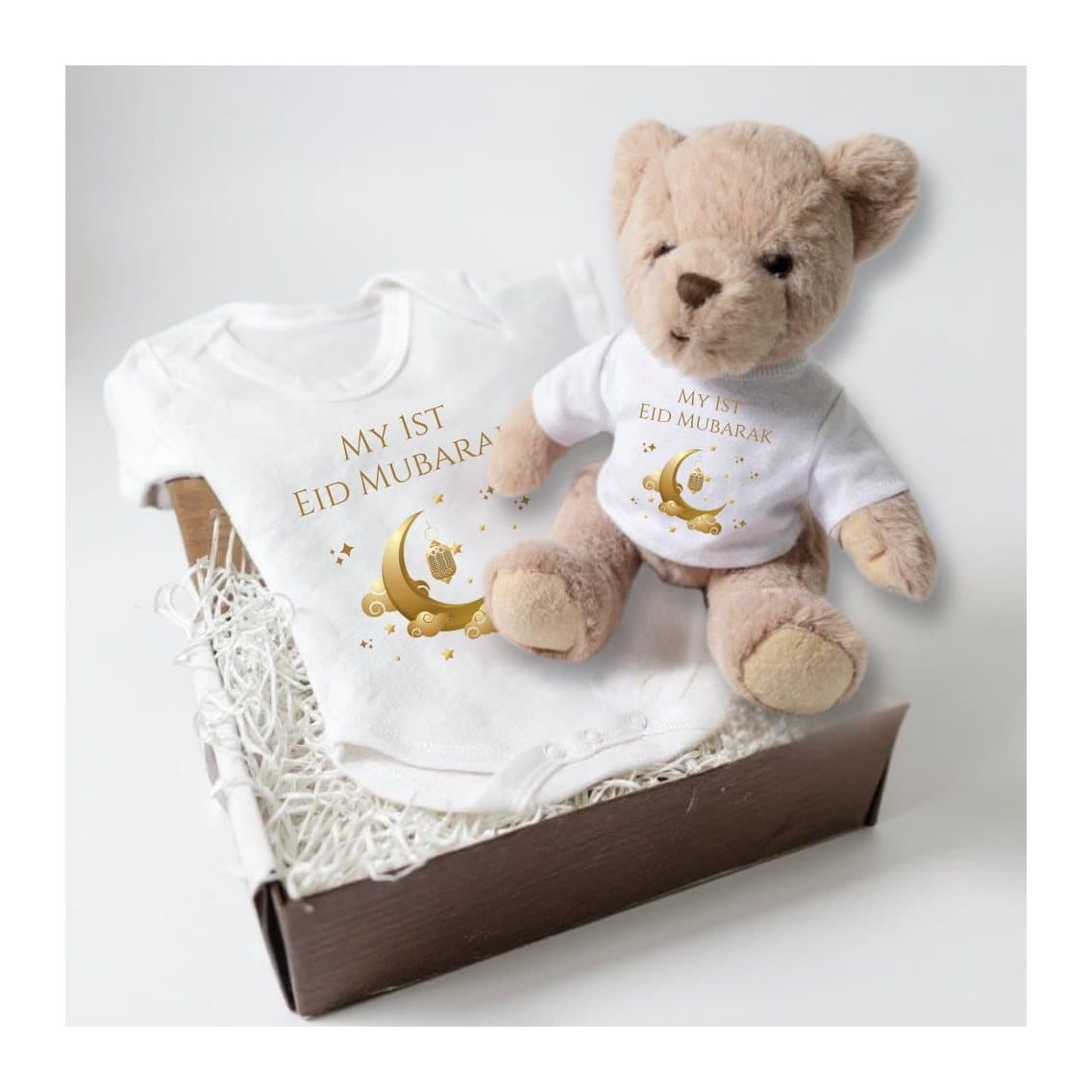 Personalised 1st Eid Mubarak baby vest and teddy bear set