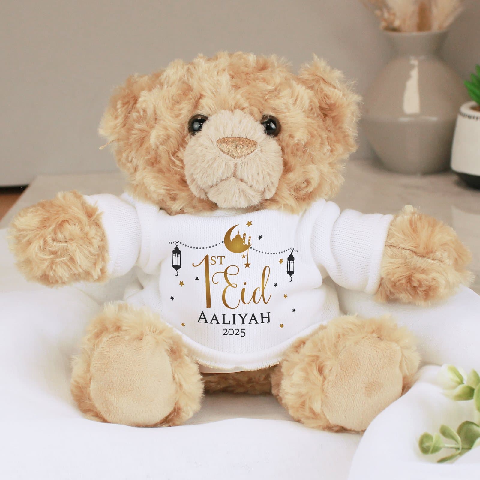 Personalised plush 1st Eid teddy bear with a name and year on its t-shirt