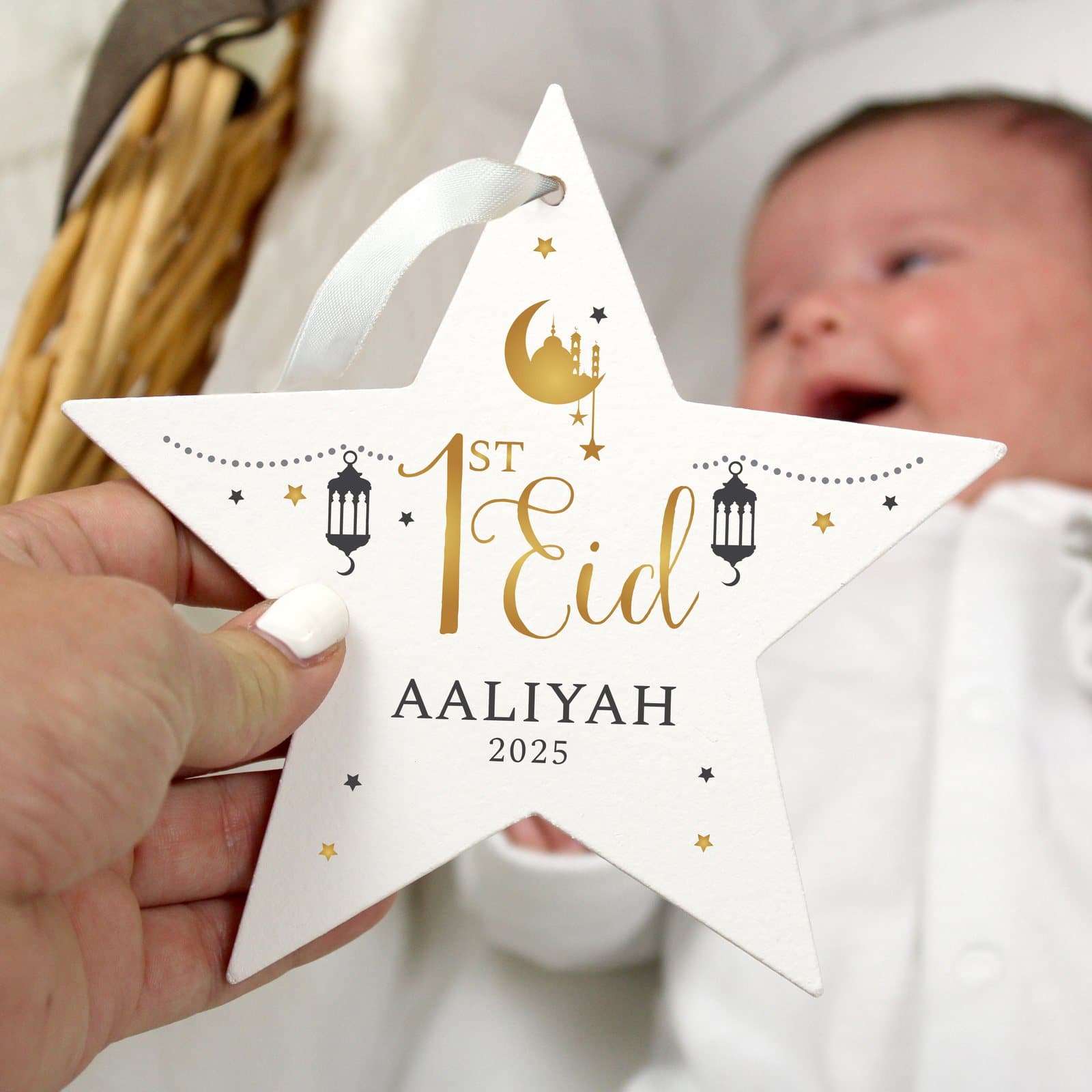 Wooden star decoration with ribbon and personalised 1st Eid name and year