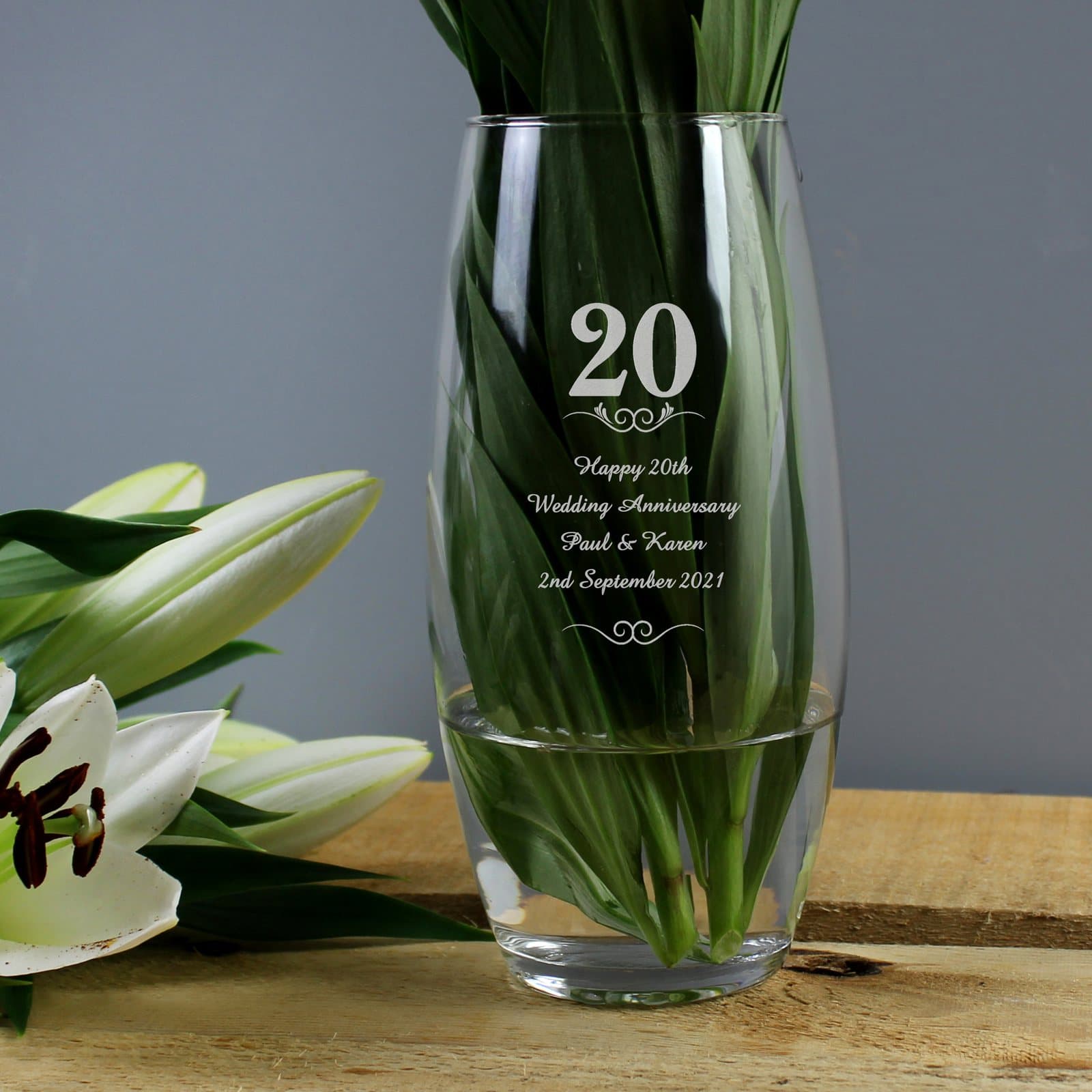 Bullet vase with a 20 years design of hearts and swirls and personalised text