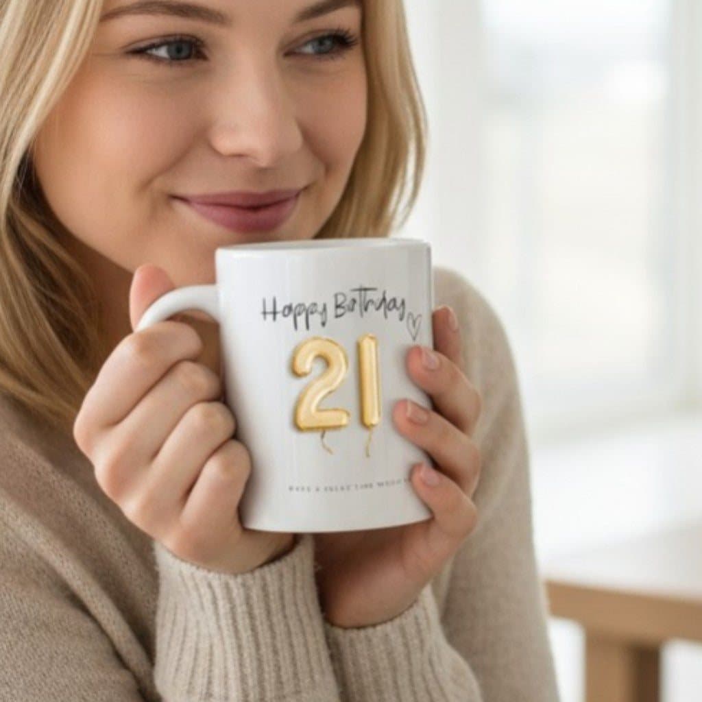 Personalised 21st birthday mug with a gold balloons design