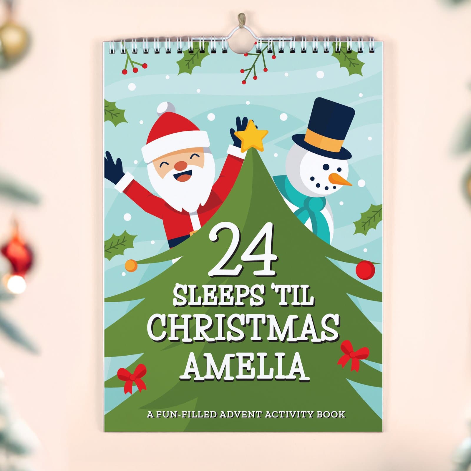 Personalised A4 Christmas activity advent book with a name on the cover