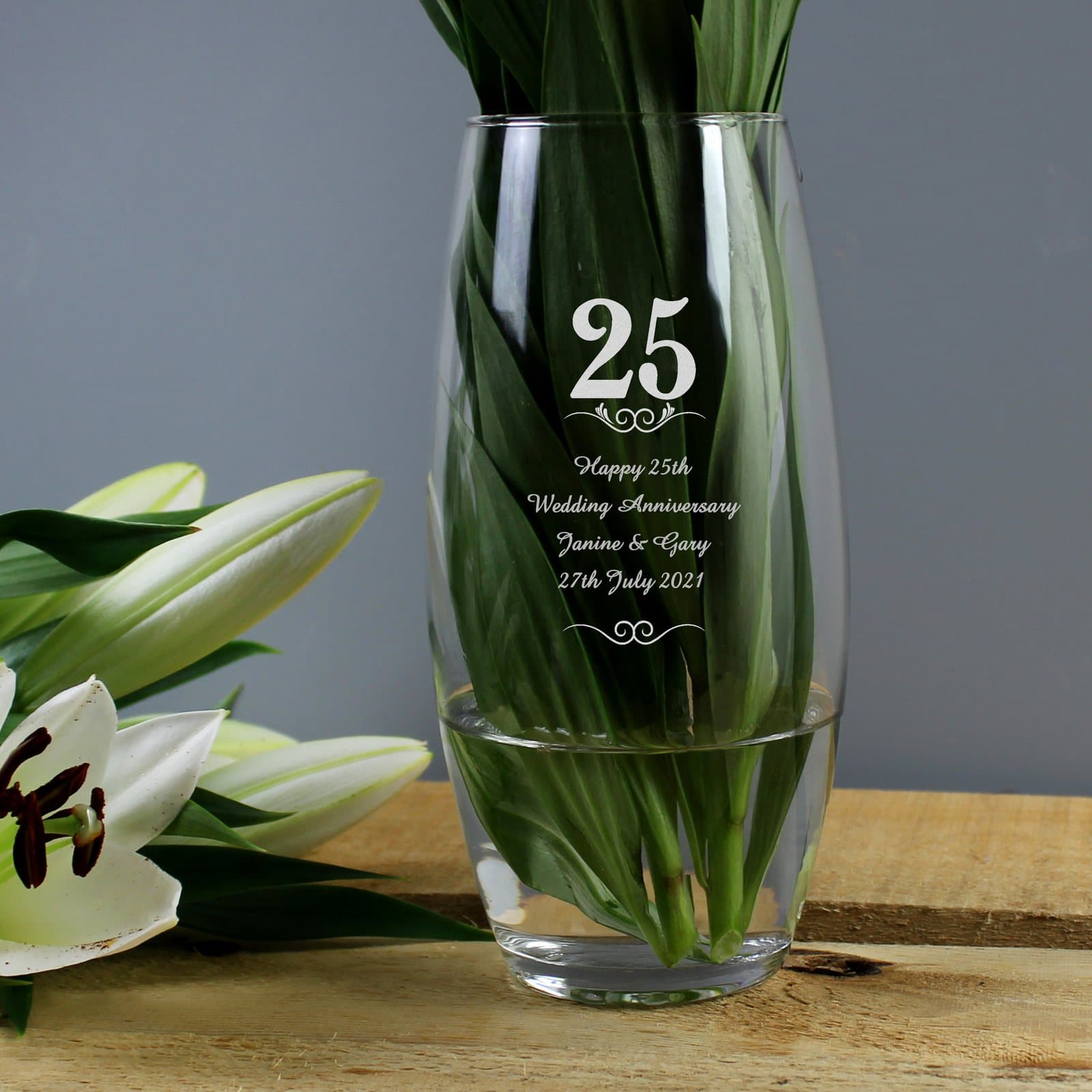 Bullet vase with a 25 years design of hearts and swirls and personalised text