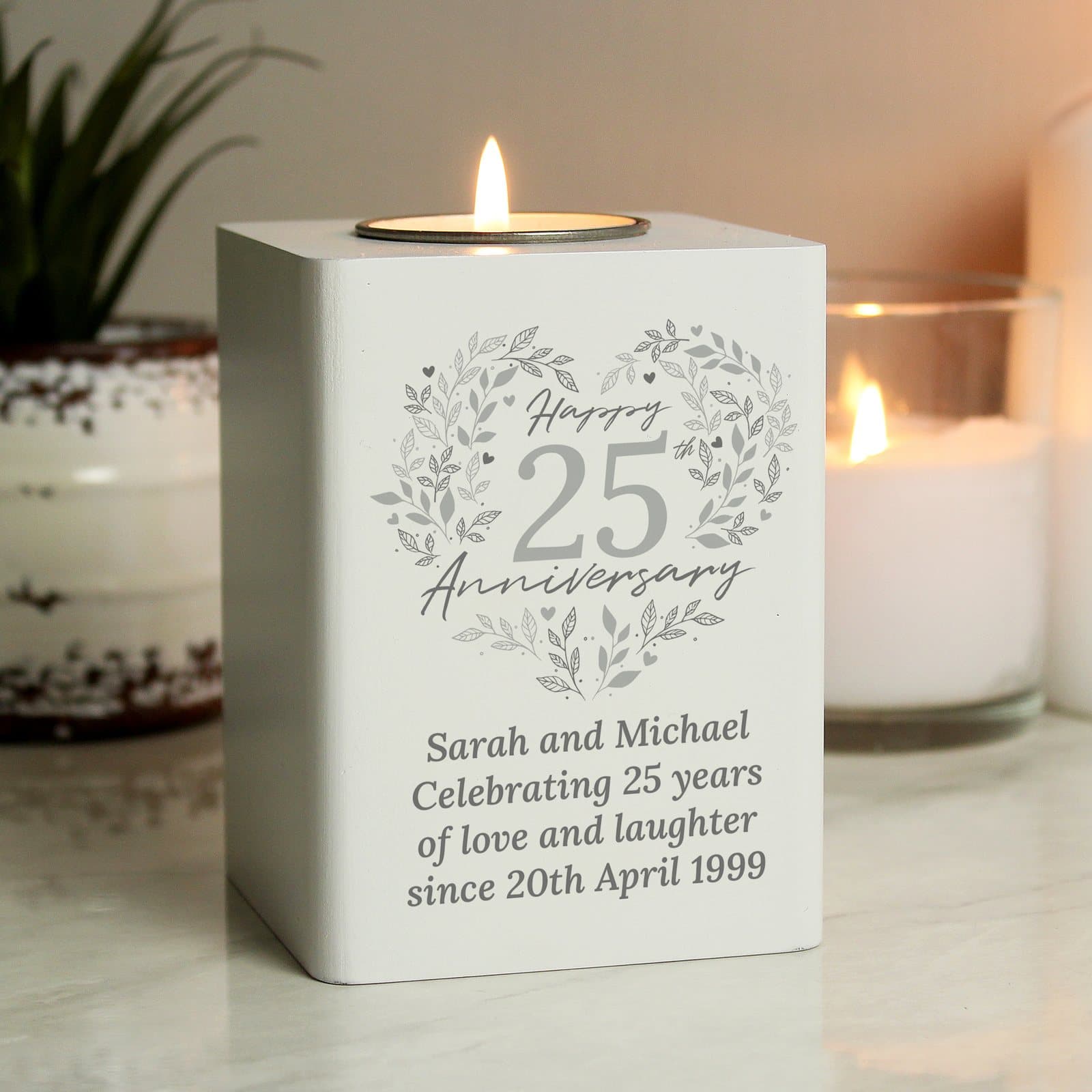 Personalised 25th silver wedding anniversary painted wood tea light holder