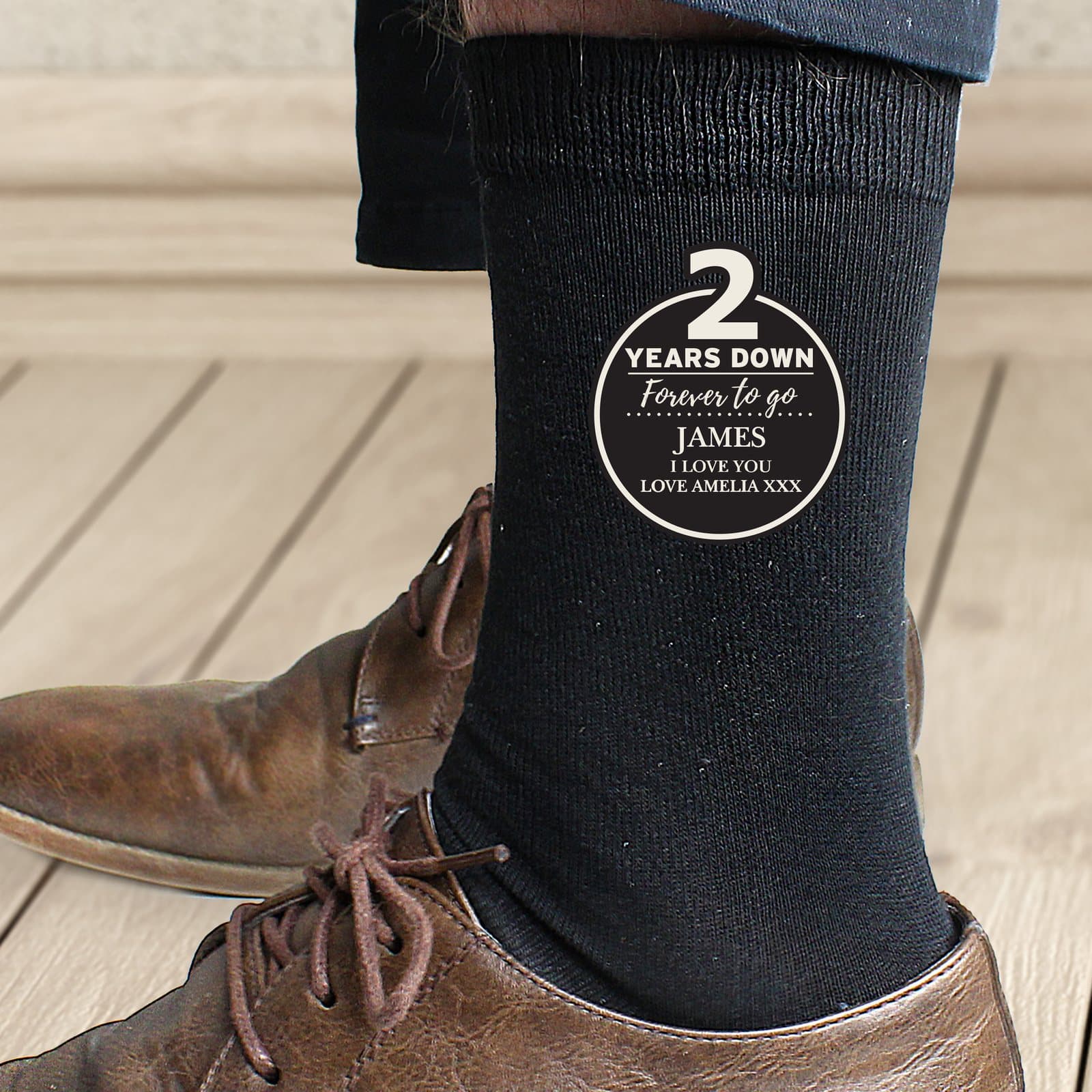 Personalised 2nd anniversary men's socks with 2 Years Down Forever To Go text