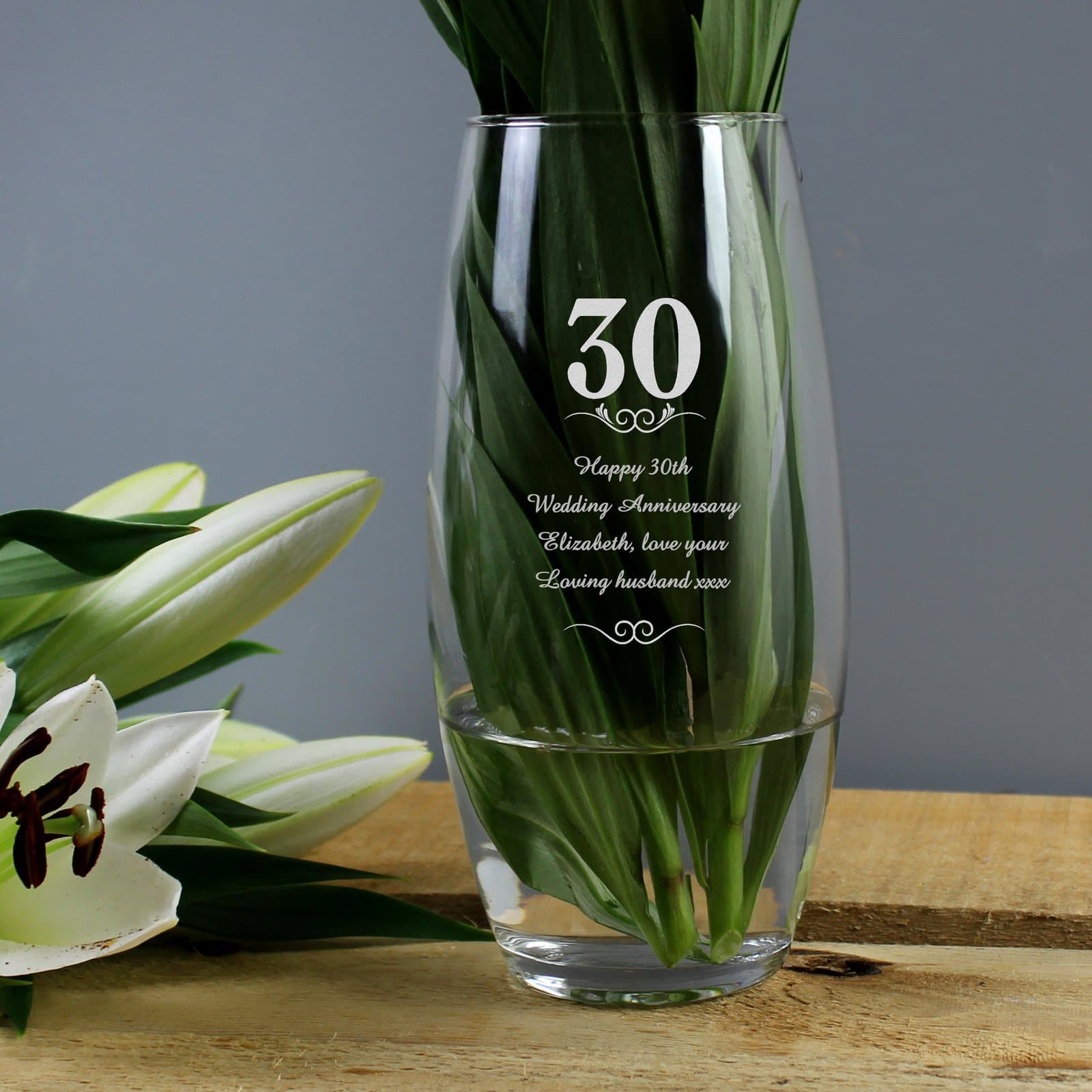 Bullet vase with a 30 years design of hearts and swirls and personalised text