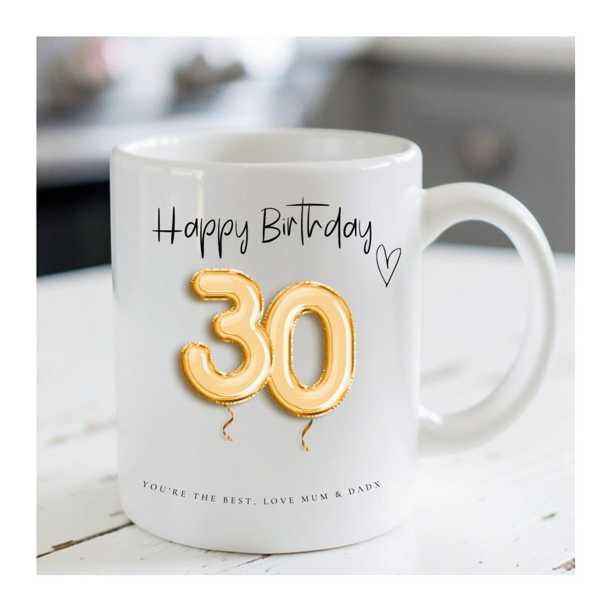 Personalised 30th birthday mug with a gold balloons design