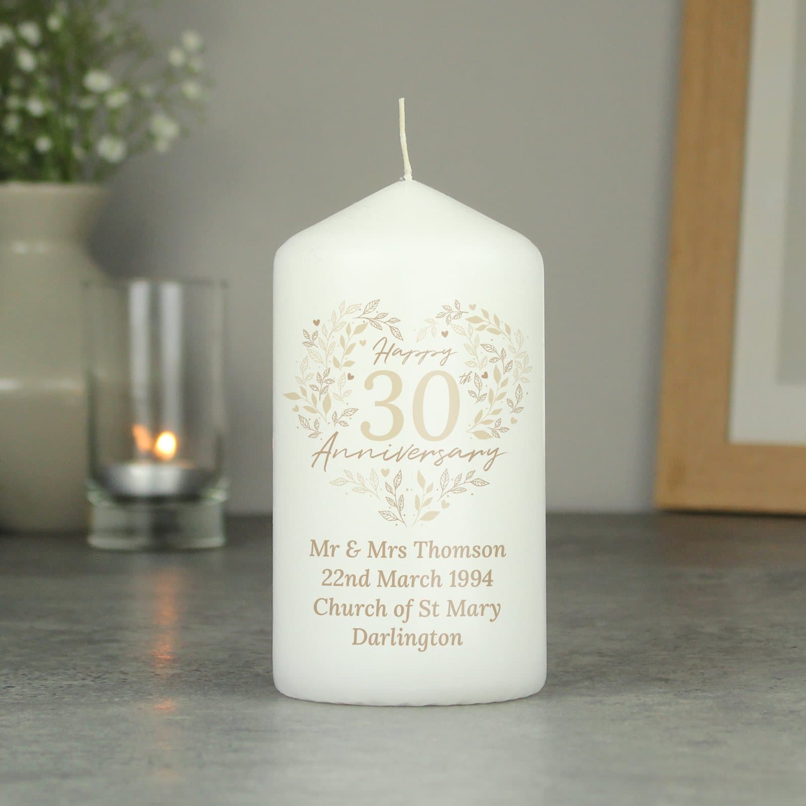 Personalised 30th pearl wedding anniversary pillar candle