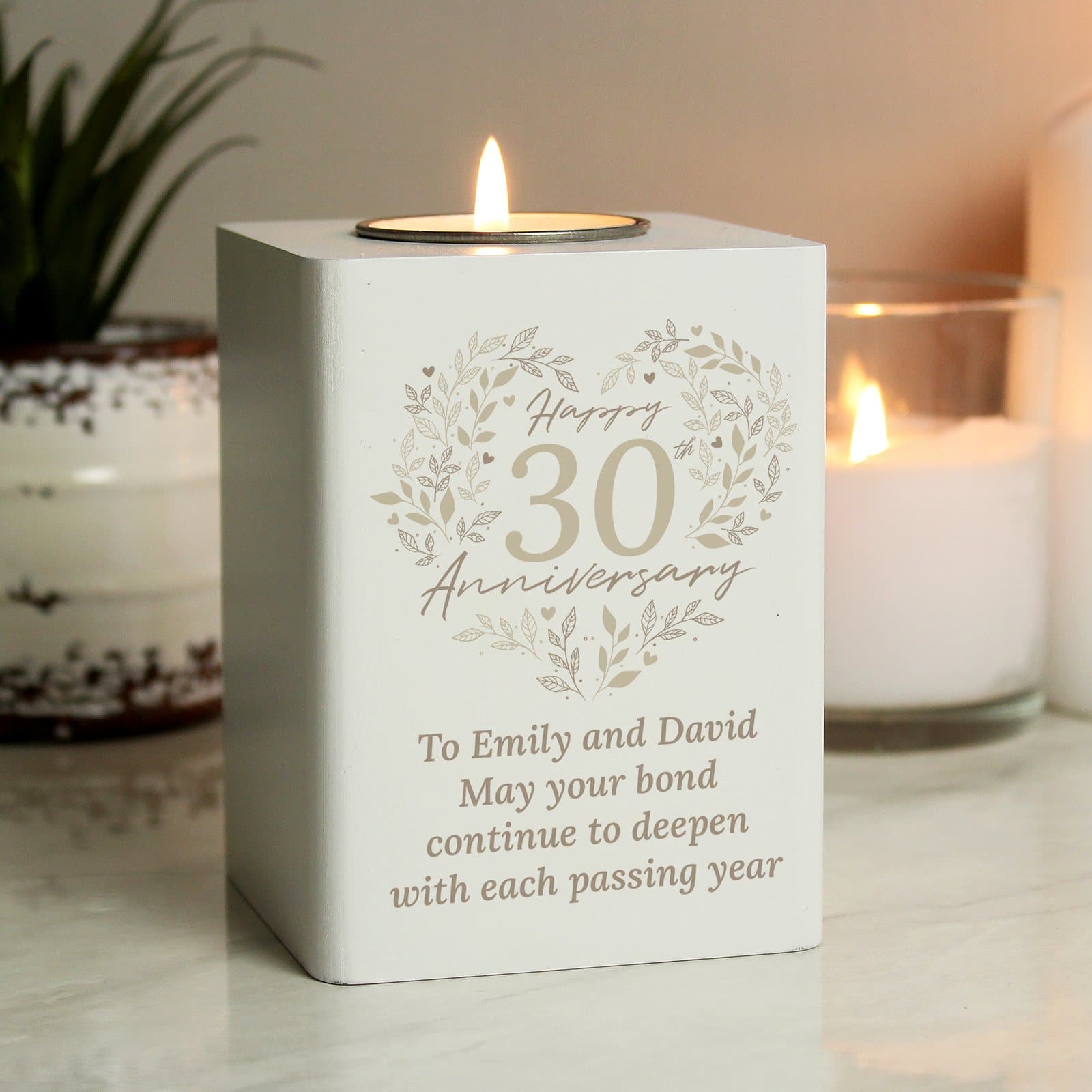 Painted wood tea light holder with a 30th Anniversary design and personalised message