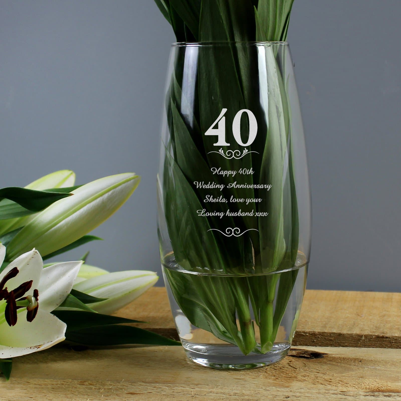 Personalised 40 Years bullet vase with hearts and swirls design
