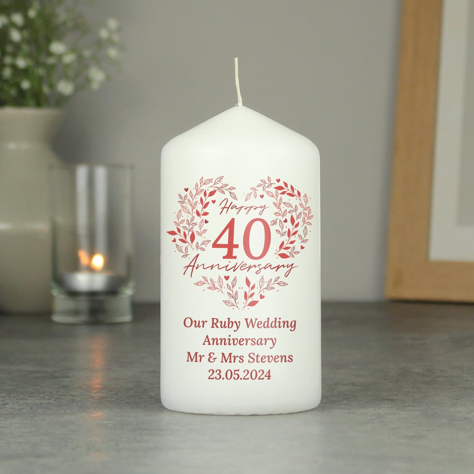 Personalised 40th ruby wedding anniversary pillar candle