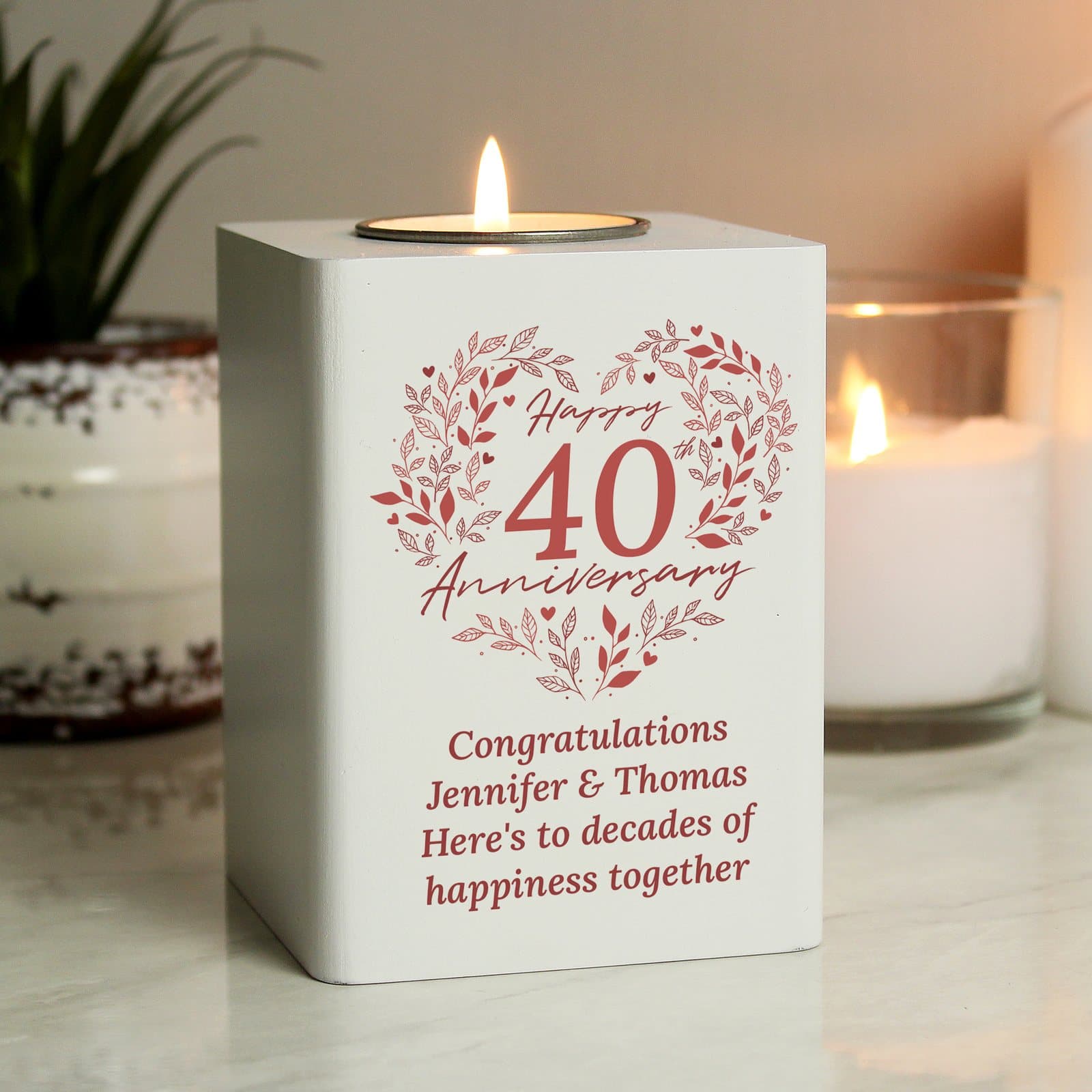Painted wood tea light holder with a 40th Anniversary design and personalised message