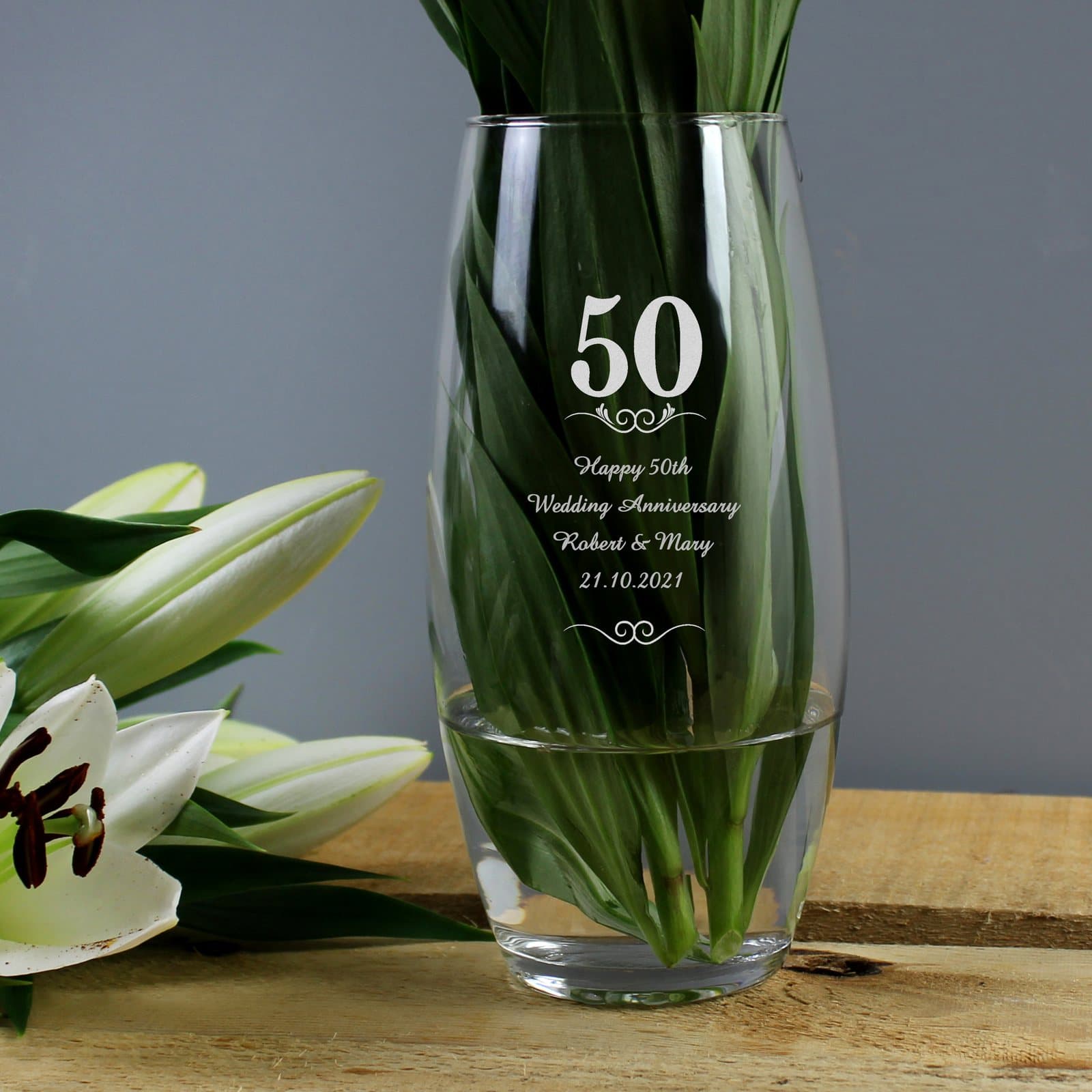Personalised 50 Years bullet vase with hearts and swirls design