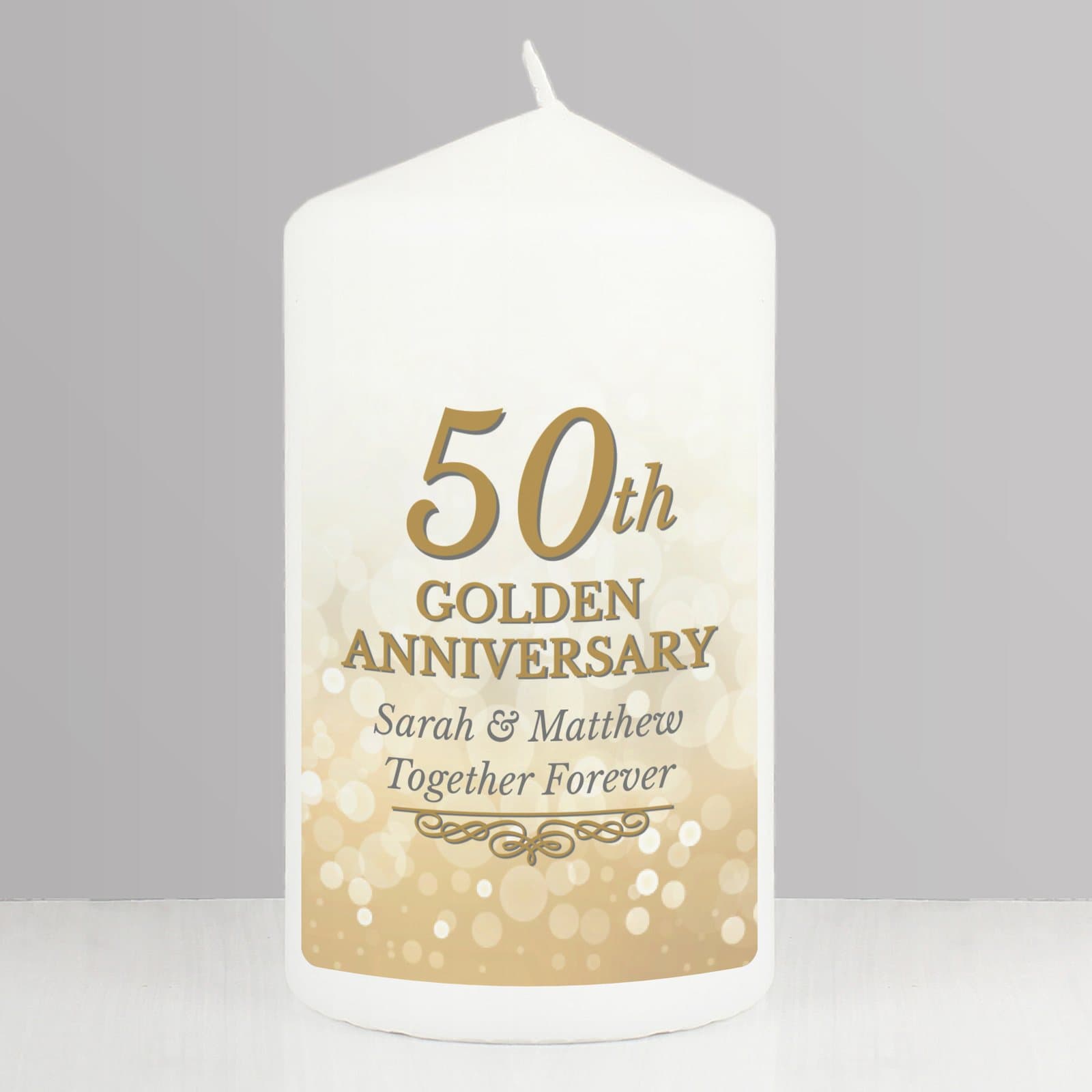 Personalised 50th golden anniversary pillar candle