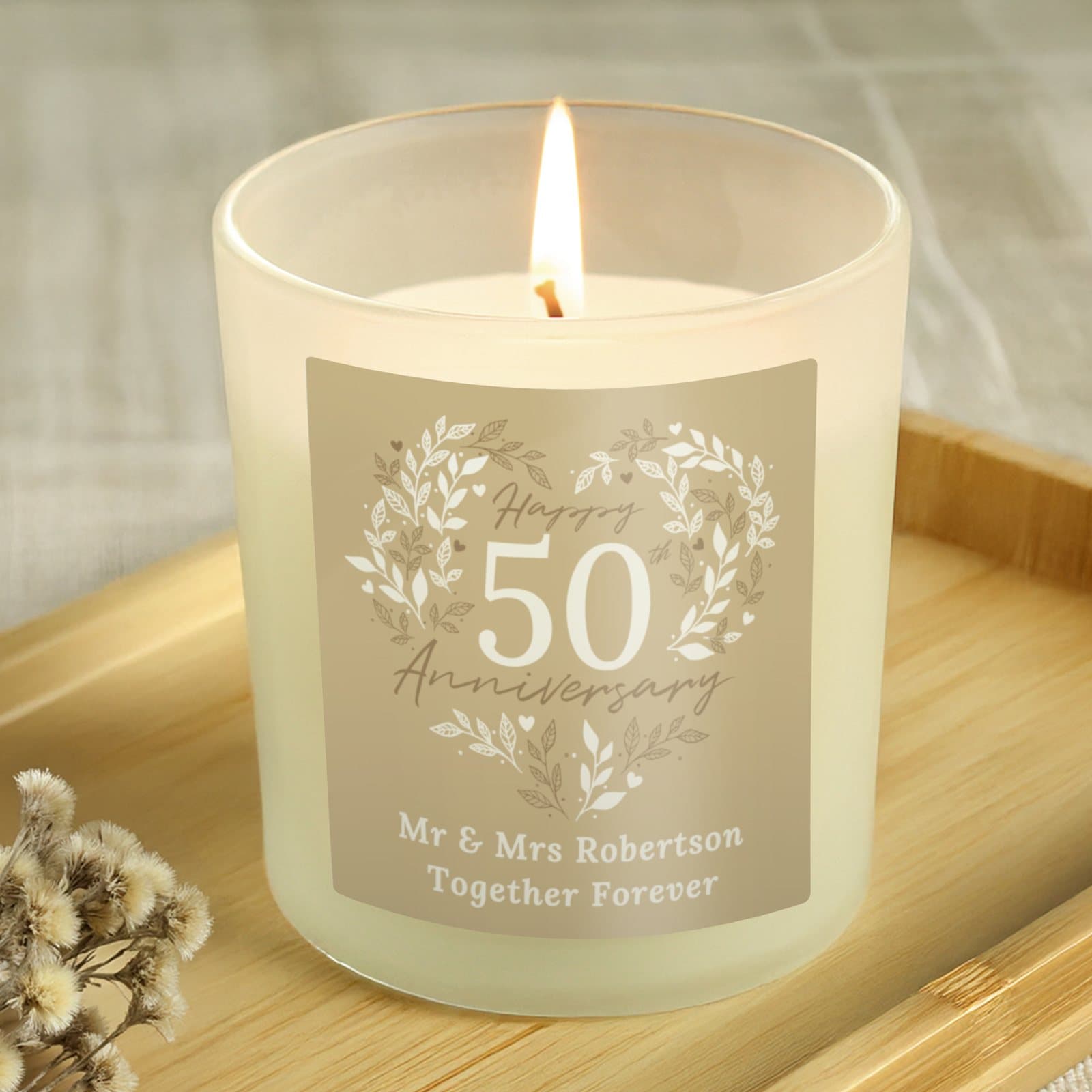 Personalised 50th golden wedding anniversary vanilla candle jar