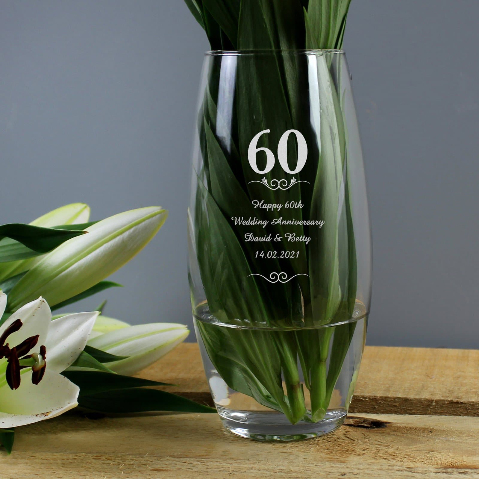 Personalised 60 Years bullet vase with hearts and swirls design