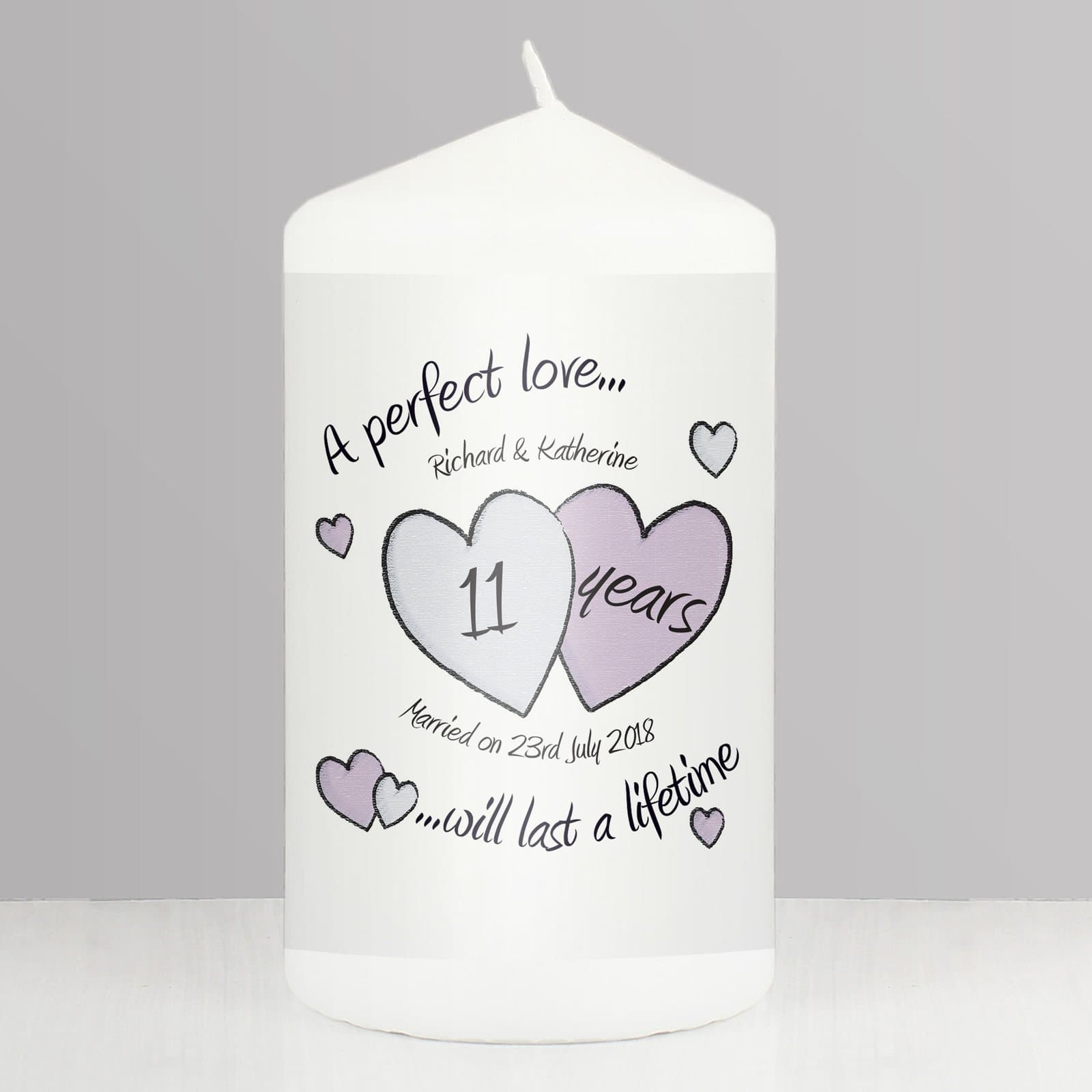 Personalised A Perfect Love anniversary pillar candle with hearts design