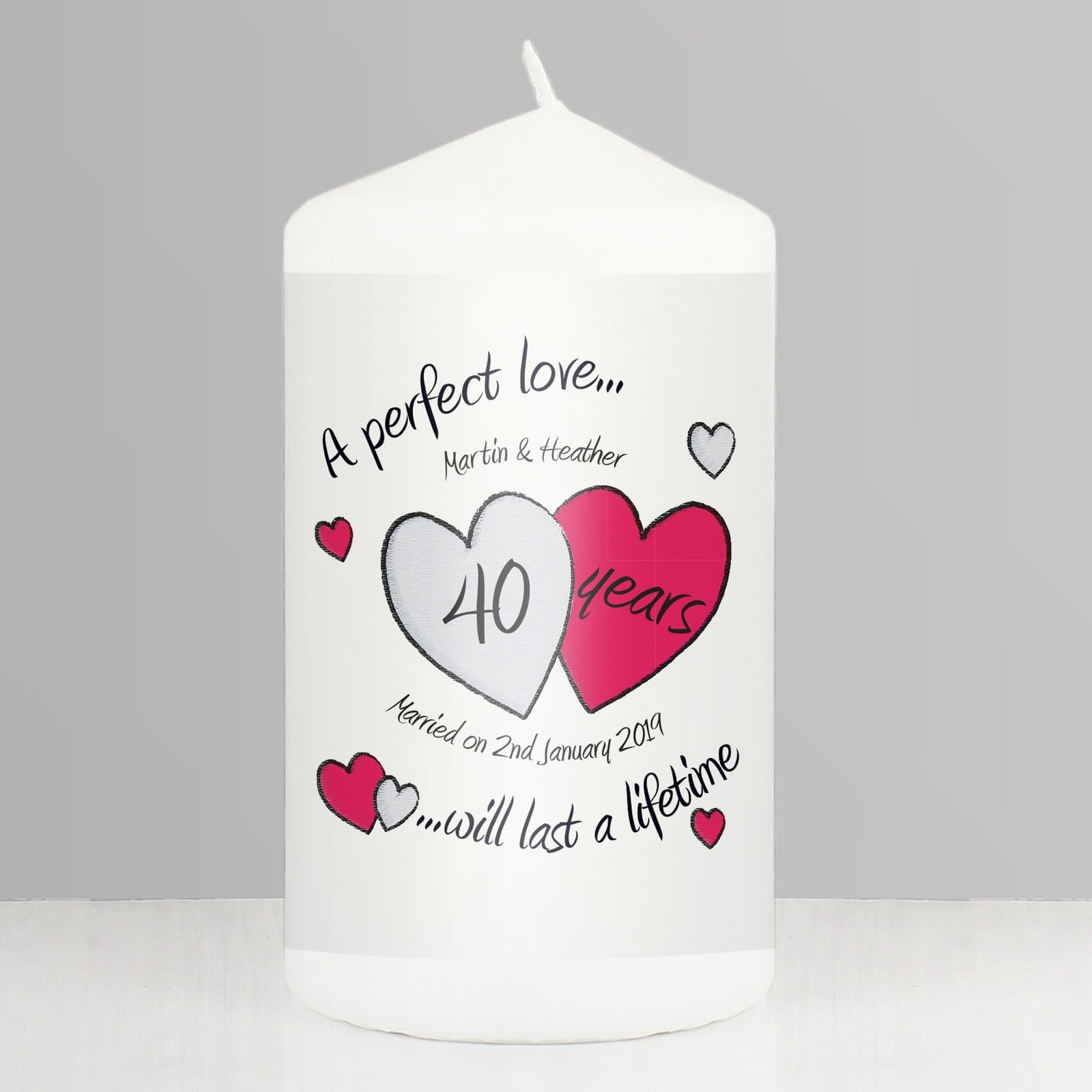 Personalised perfect love ruby anniversary pillar candle