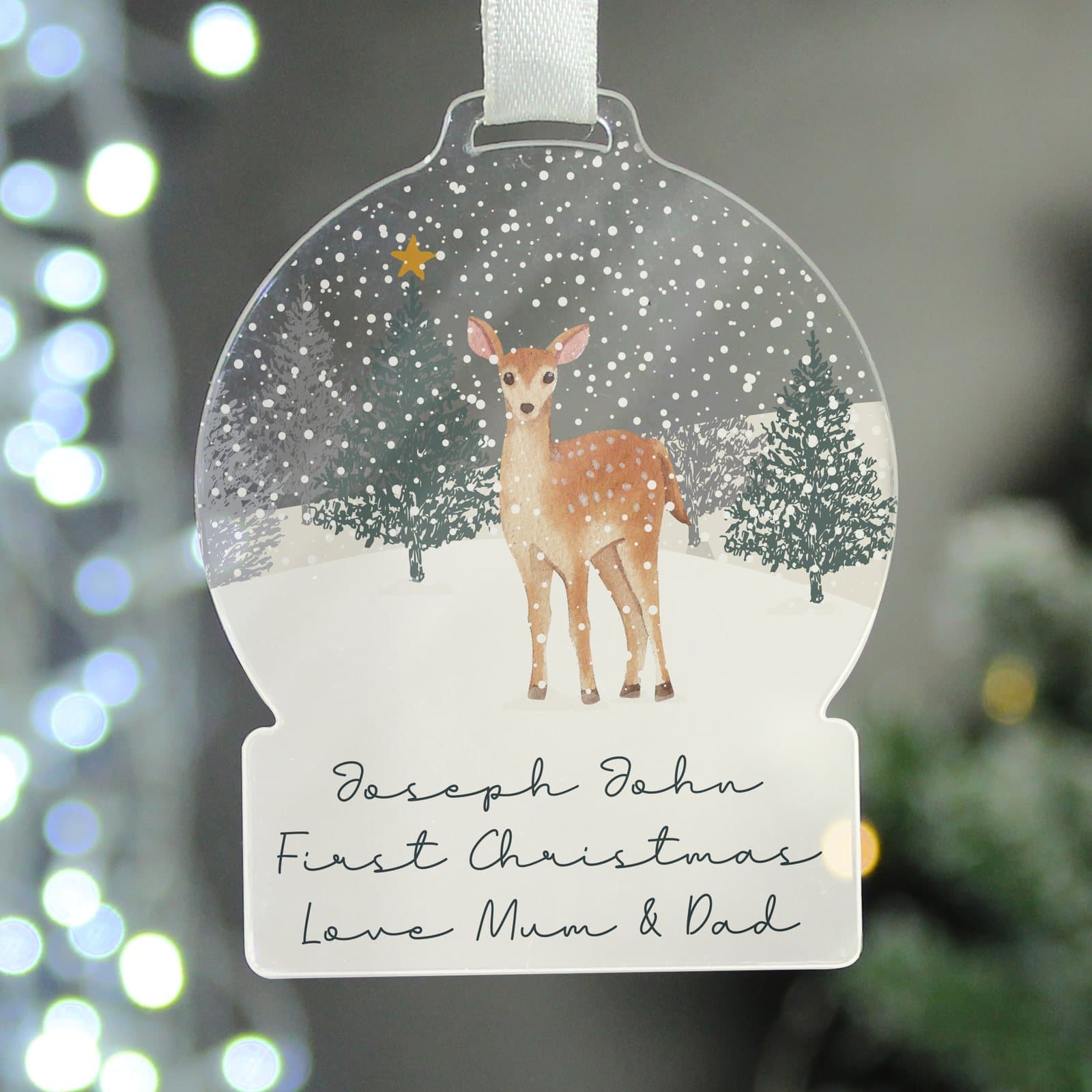 Snow globe shaped acrylic Christmas decoration with white ribbon