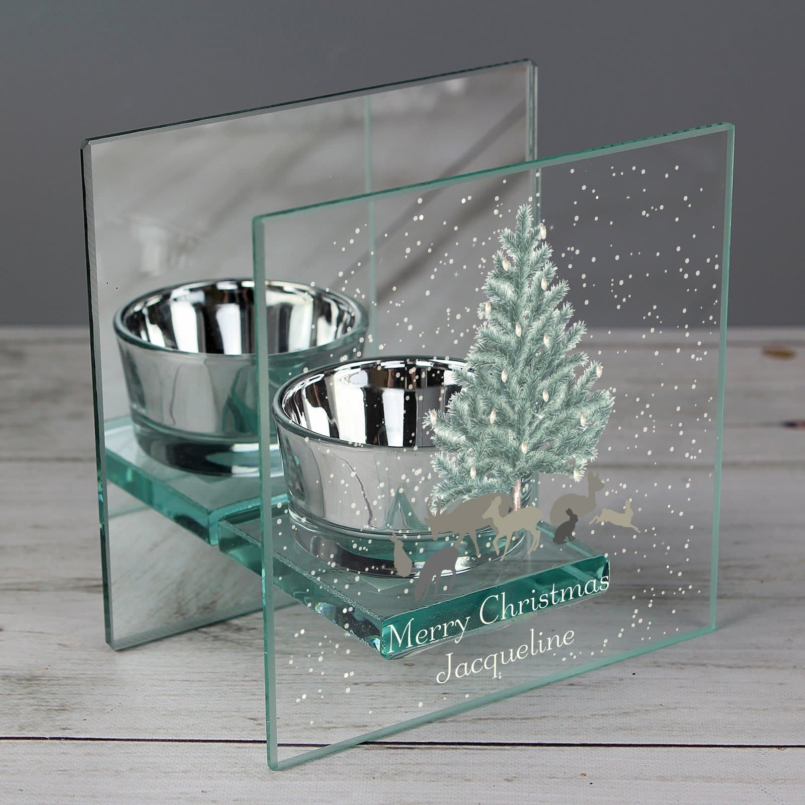Personalised mirrored glass tea light holder, A Winter's Night design