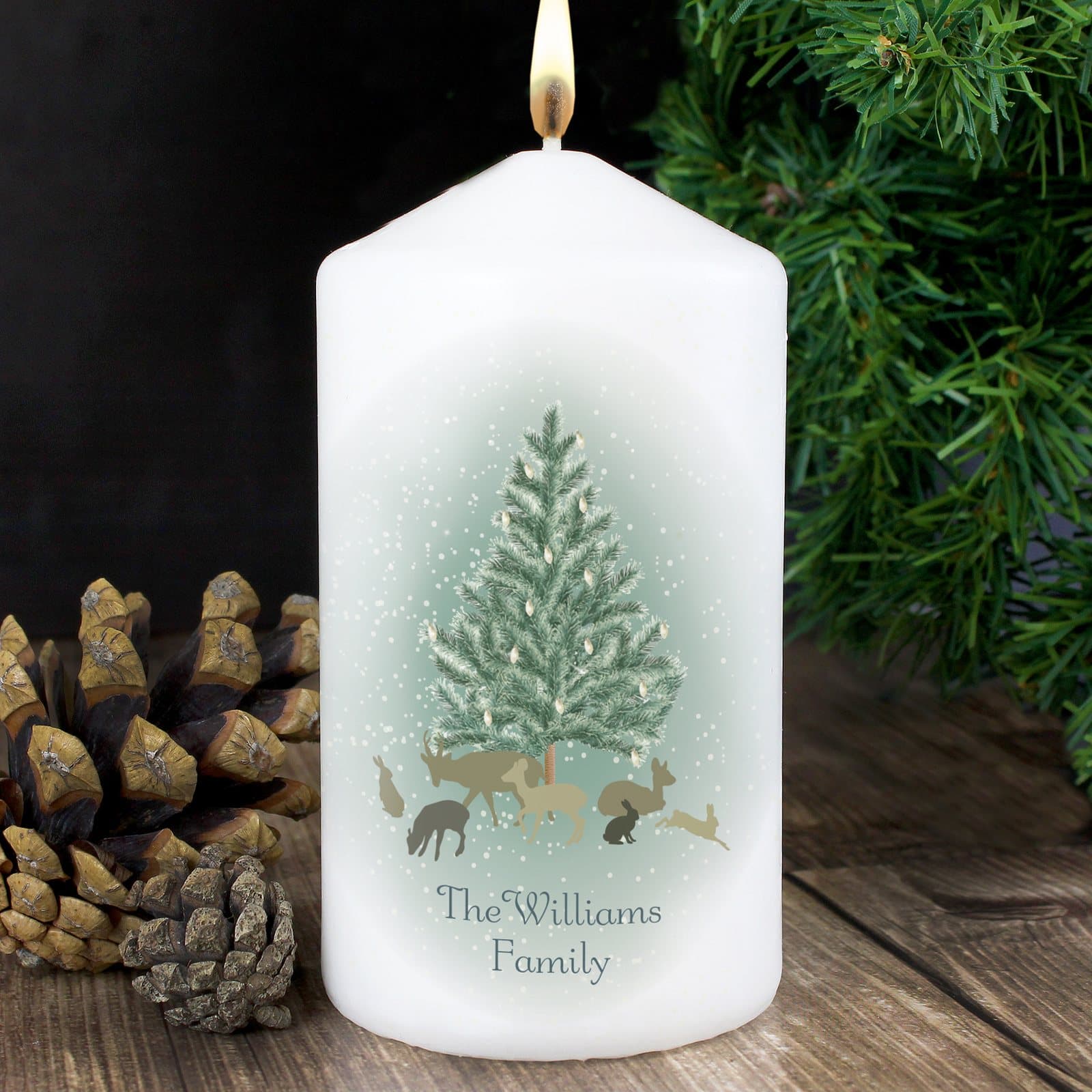 A Winter's Night pillar candle in an organza bag, personalised with a message