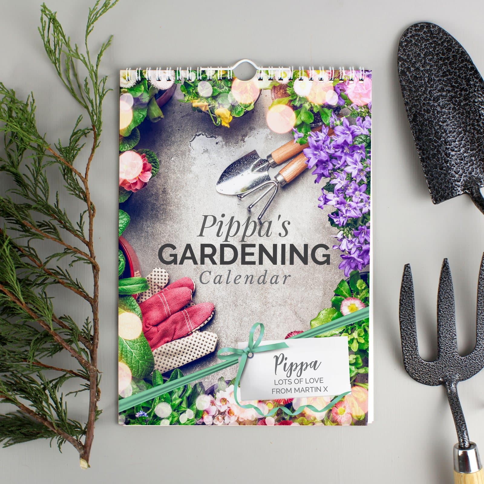 Personalised A4 gardening calendar cover with a name and message