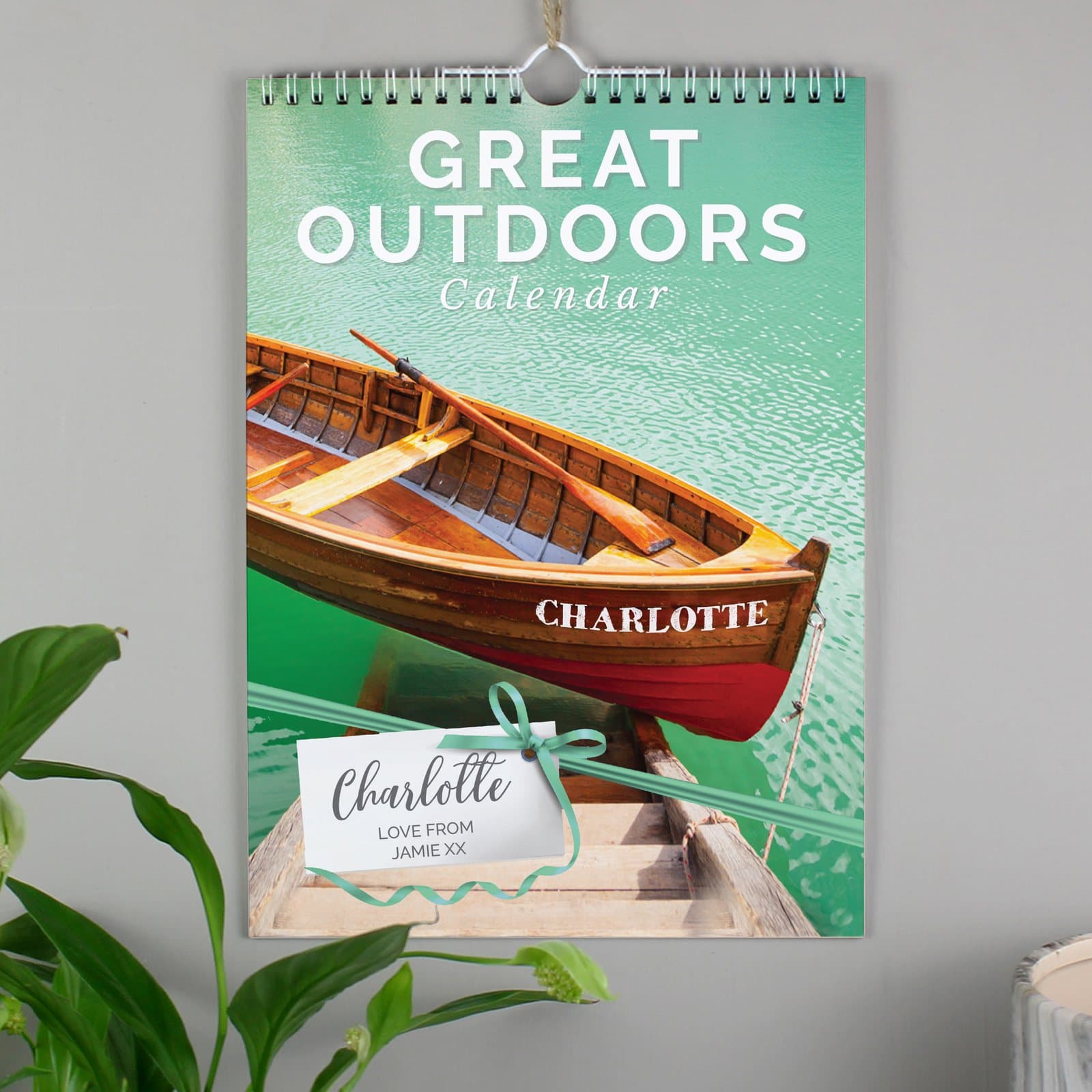 Personalised A4 great outdoors calendar cover with a name and message