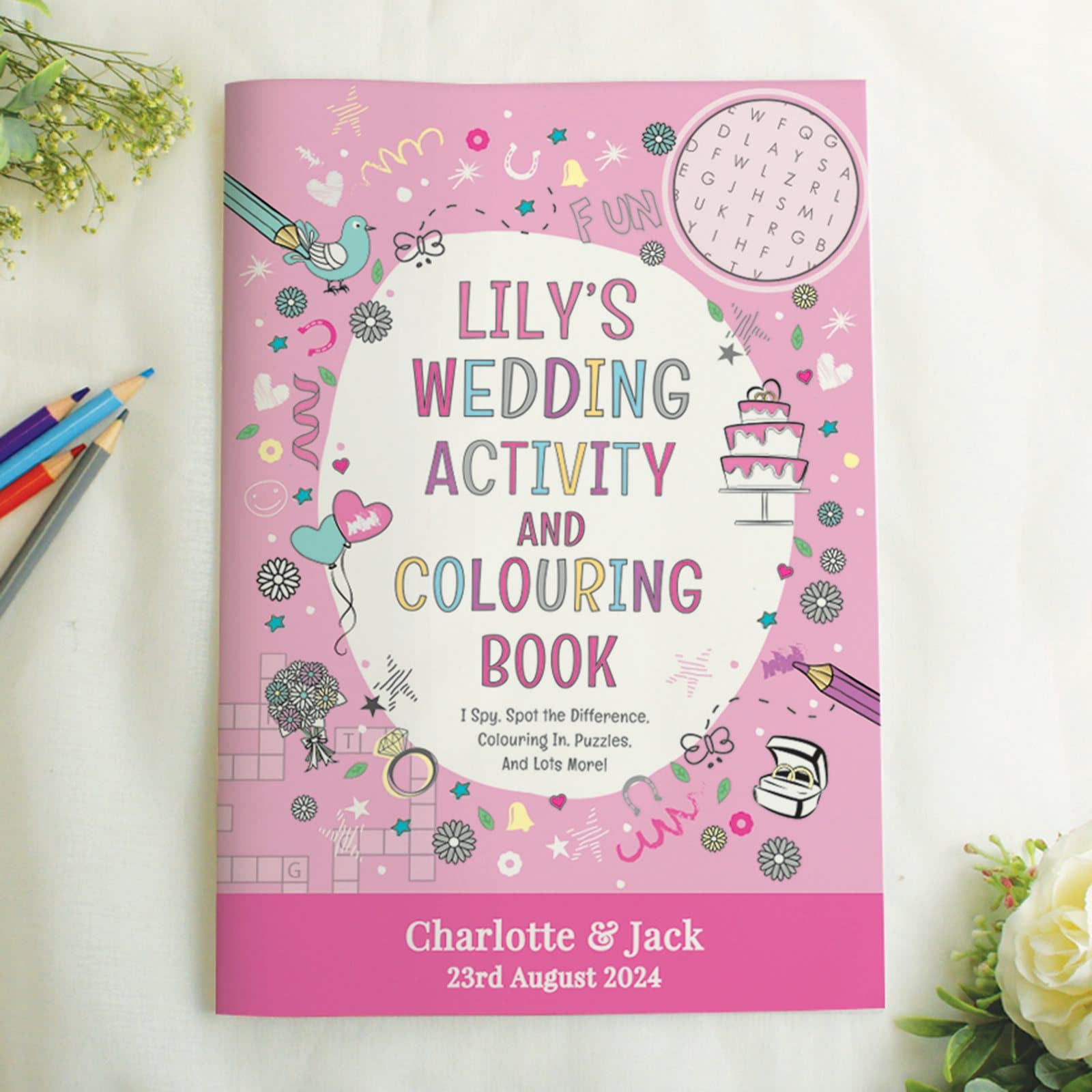 Personalised A4 wedding activity and colouring book in pink or blue