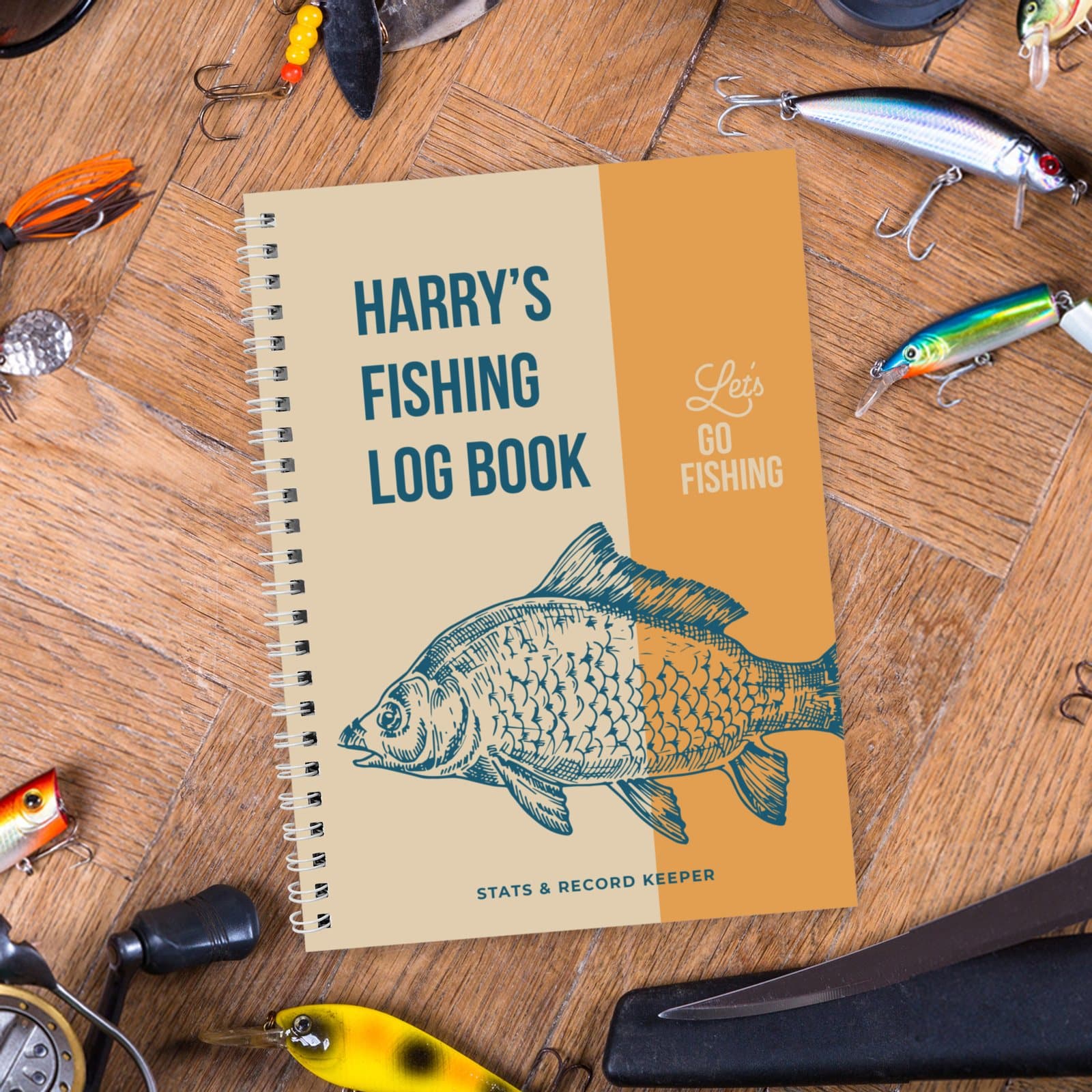 A5 fishing log book with a personalised name