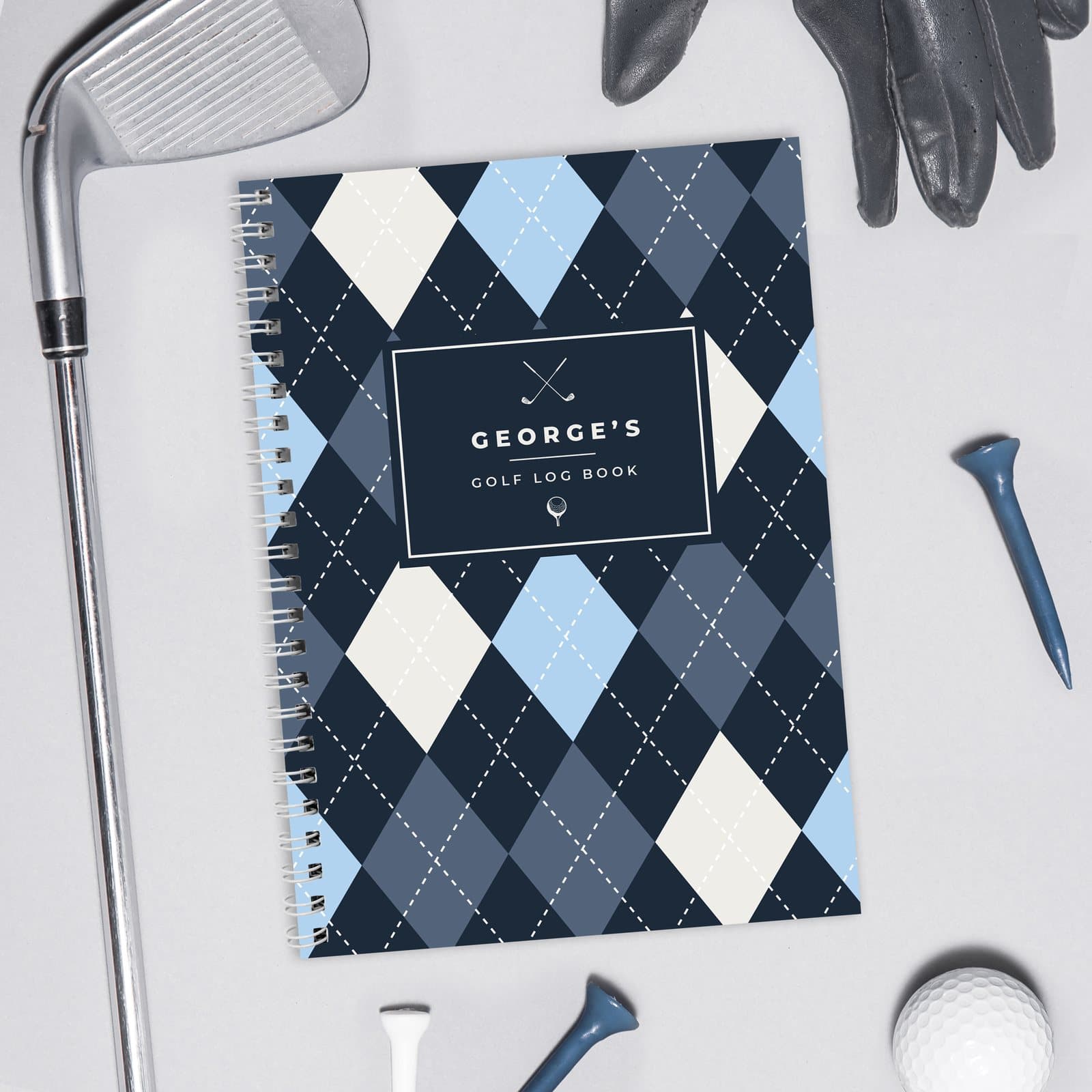 A5 golf log book with a personalised name