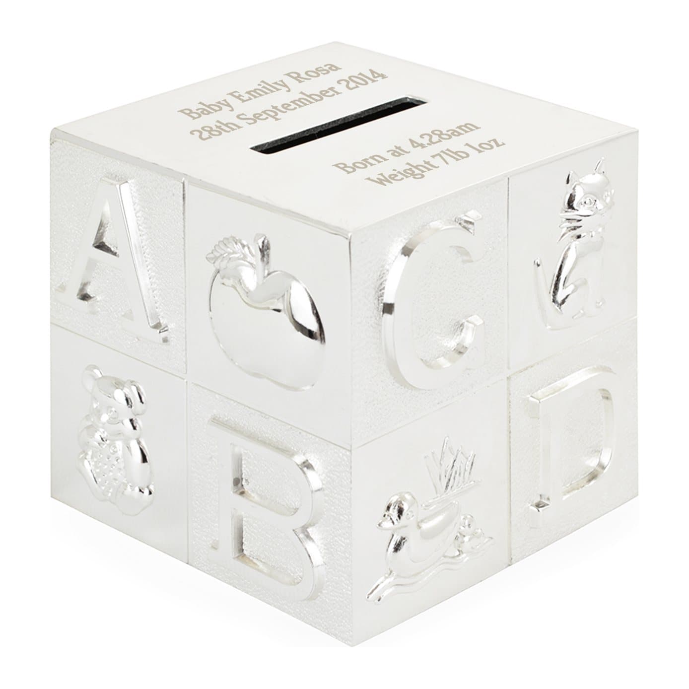 Personalised ABC money box with message lines above and below the slot