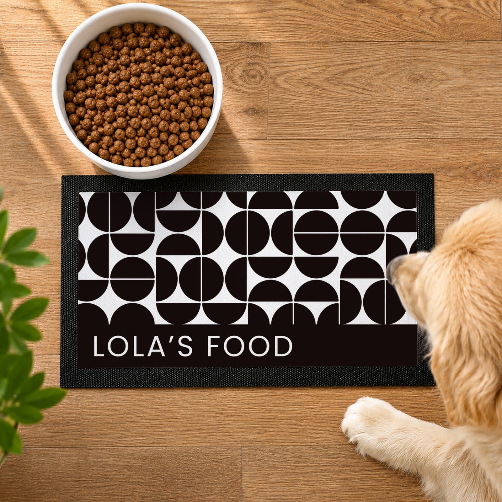 Abstract pattern pet bowl mat with a personalised name in capitals