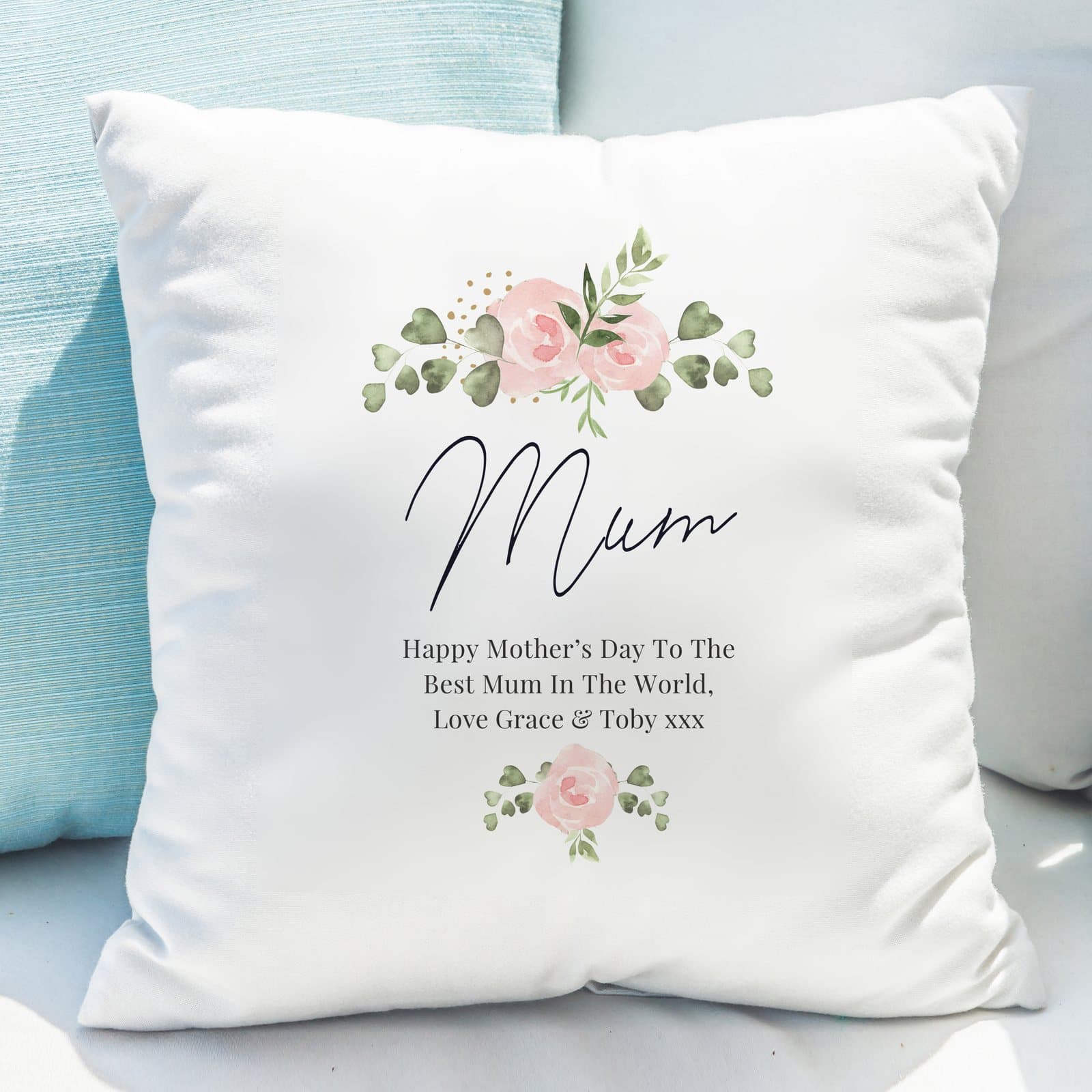 Cream floral cushion with abstract roses and personalised name and message lines