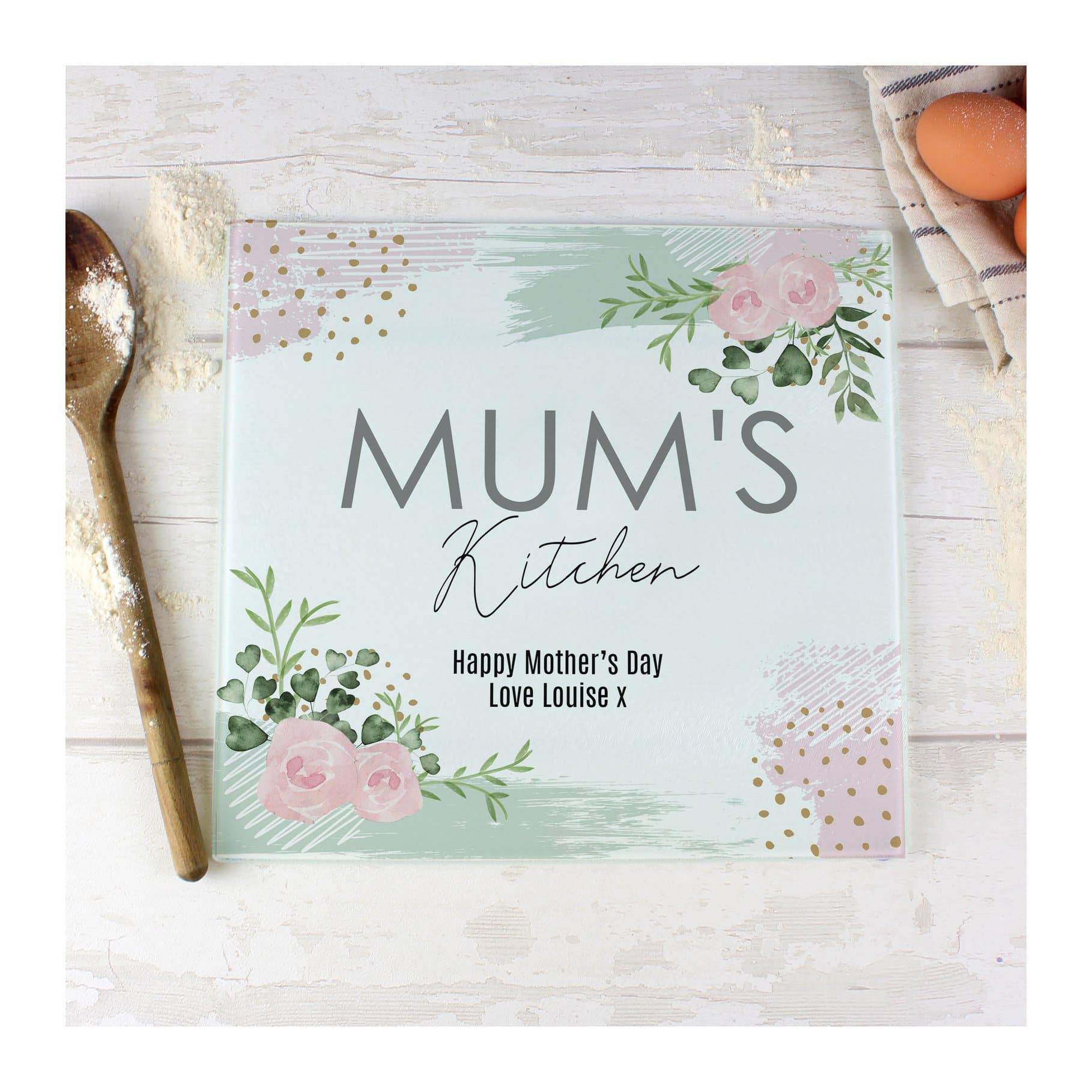 Personalised Abstract Rose Glass chopping board and worktop saver