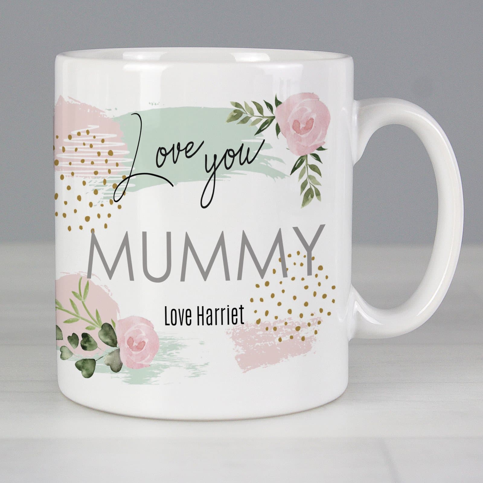 Ceramic floral abstract rose mug with Love You text on the front