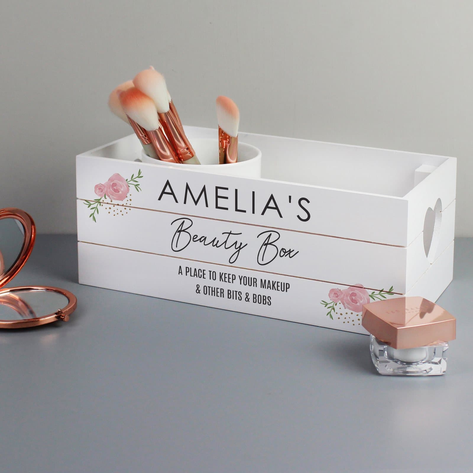 White wooden crate with heart-shaped handles and personalised text