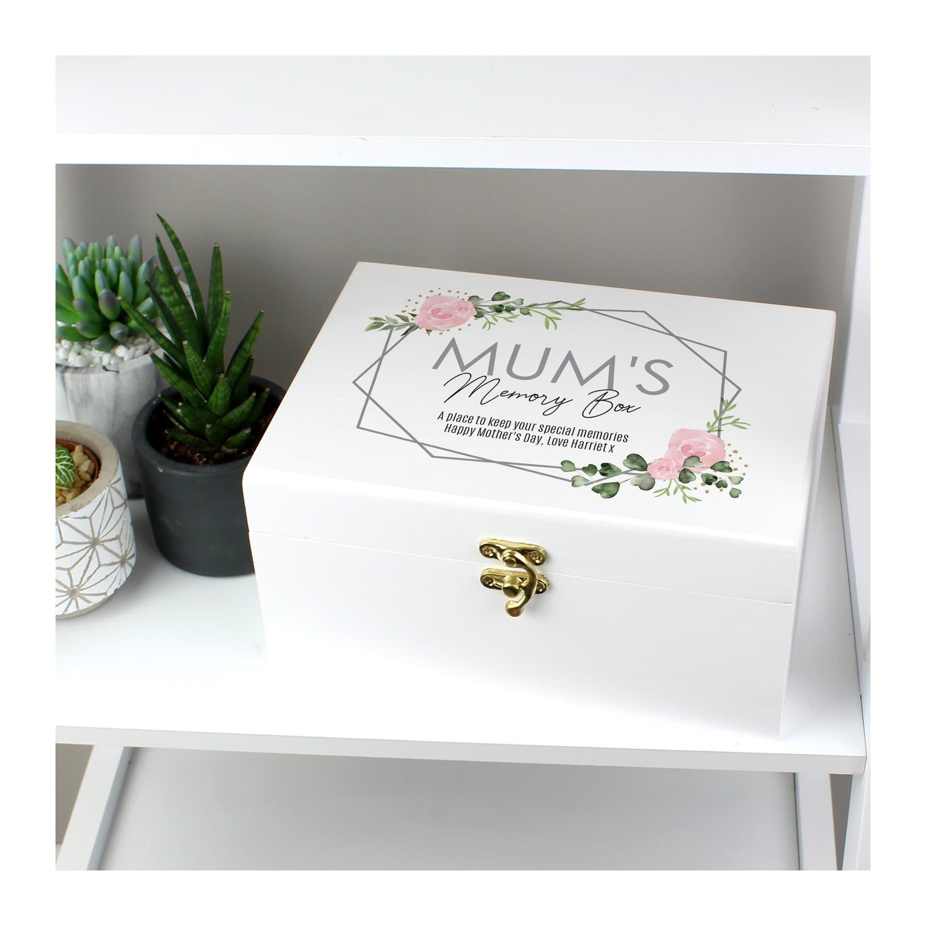 White wooden keepsake box with floral design and personalised text