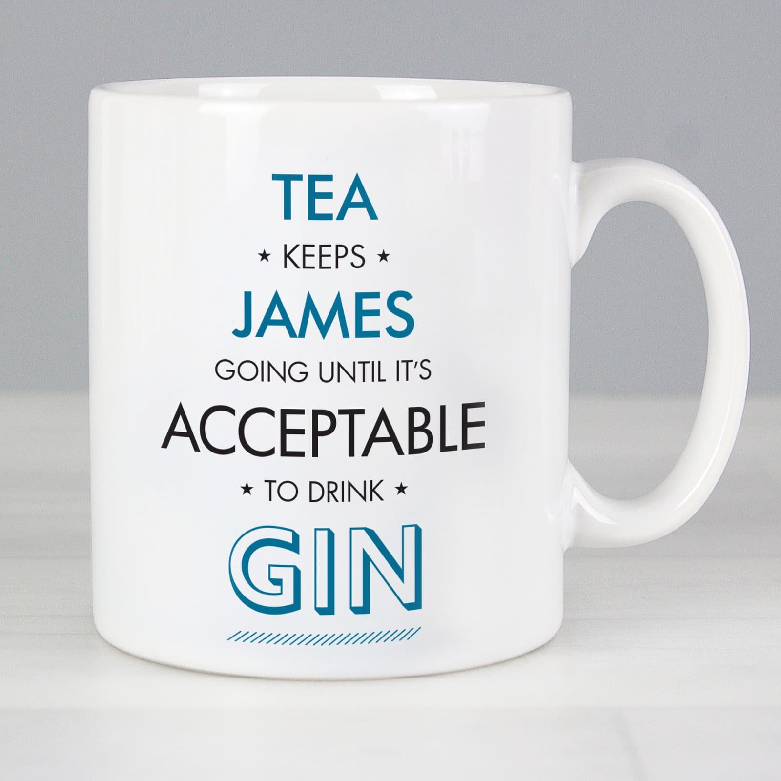 Blue or pink ceramic mug with personalised front lines and fixed acceptable to drink text