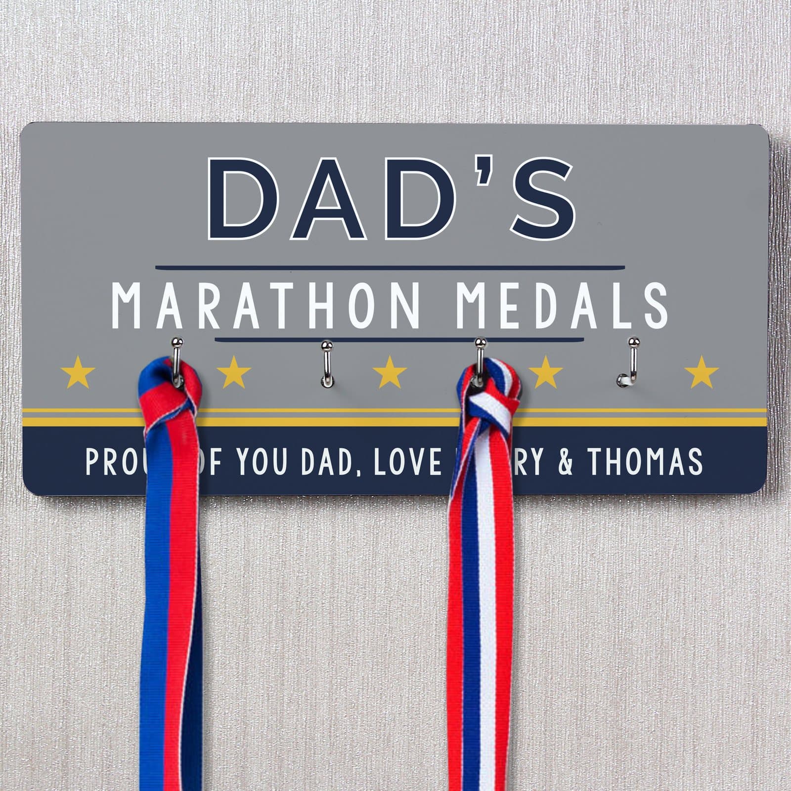 High gloss wooden hanger with four hooks and personalised text