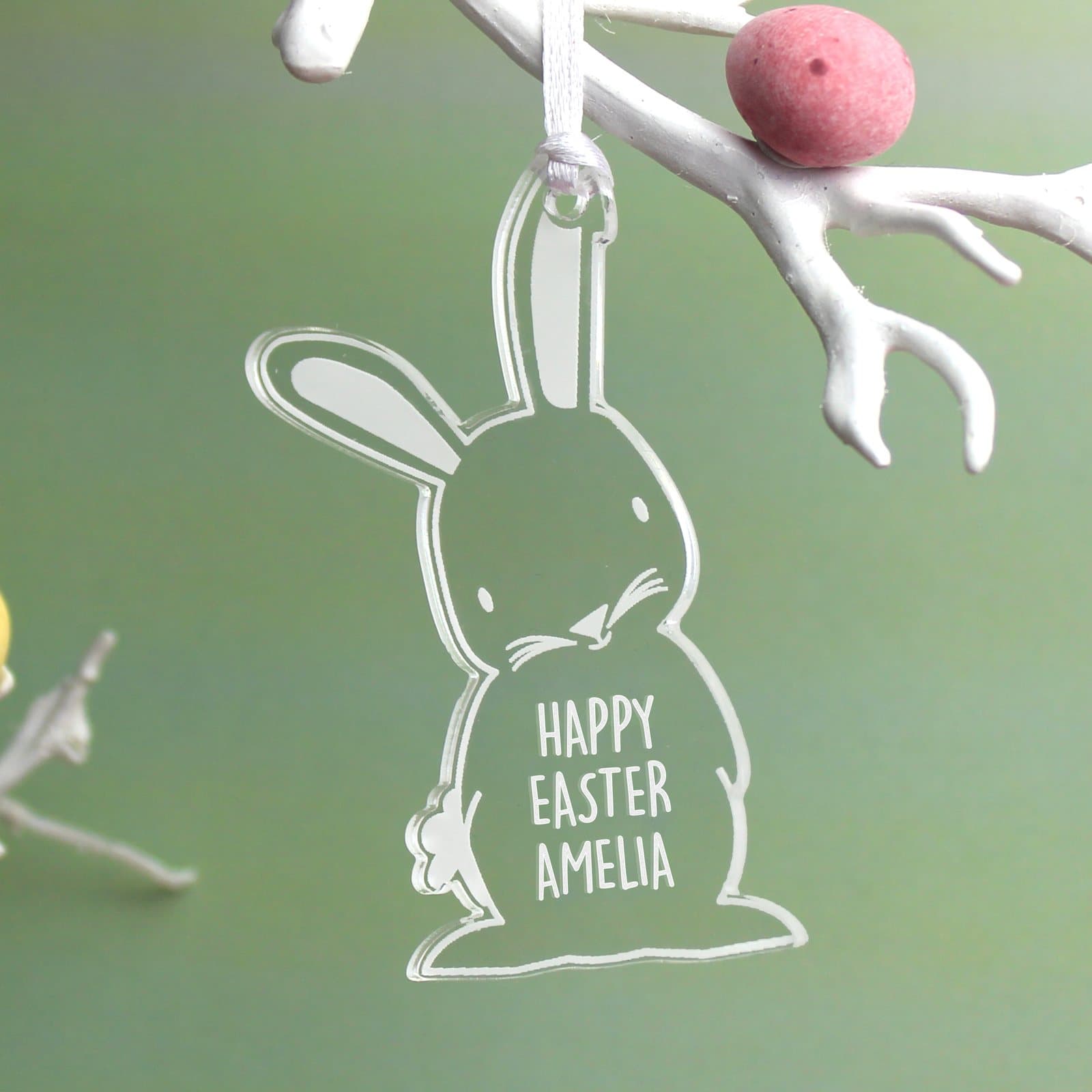 Personalised acrylic Easter bunny decoration with white ribbon