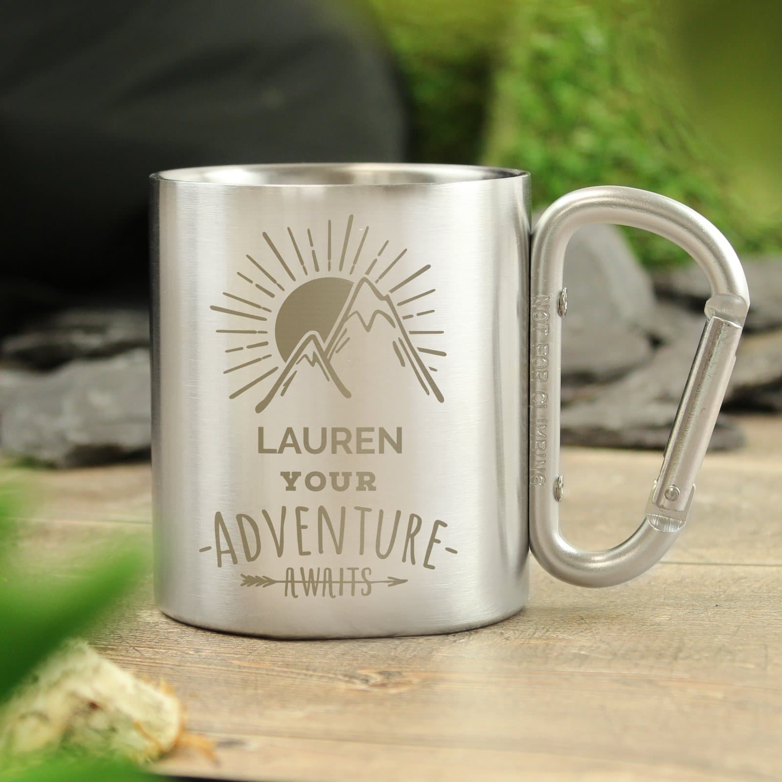 Stainless steel mug with a personalised name and the words Your adventure awaits